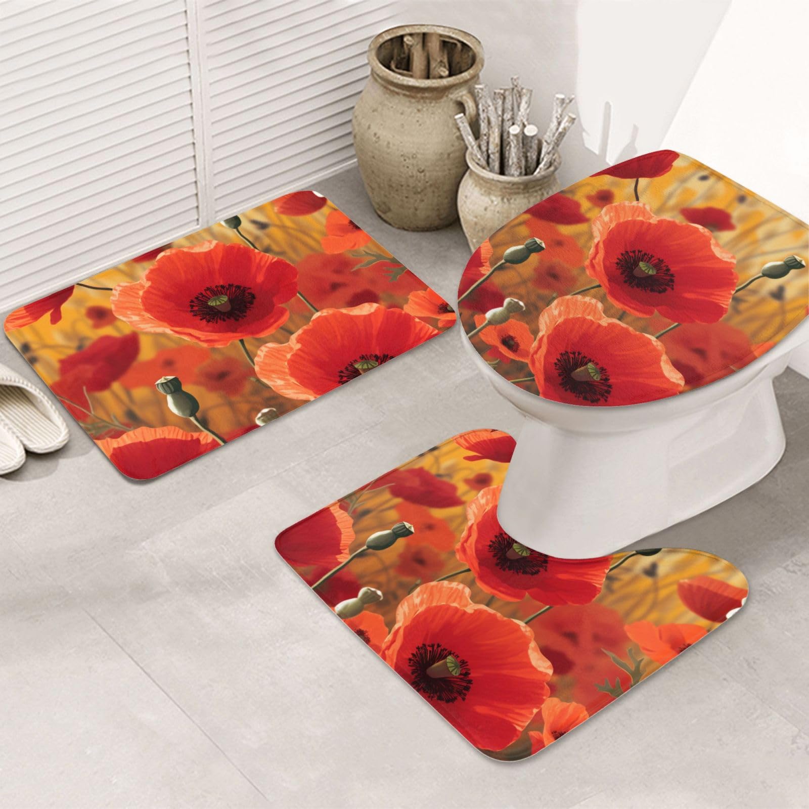 Tapis de bain coquelicots lot de 3 avec contour U et couvercle de toilette