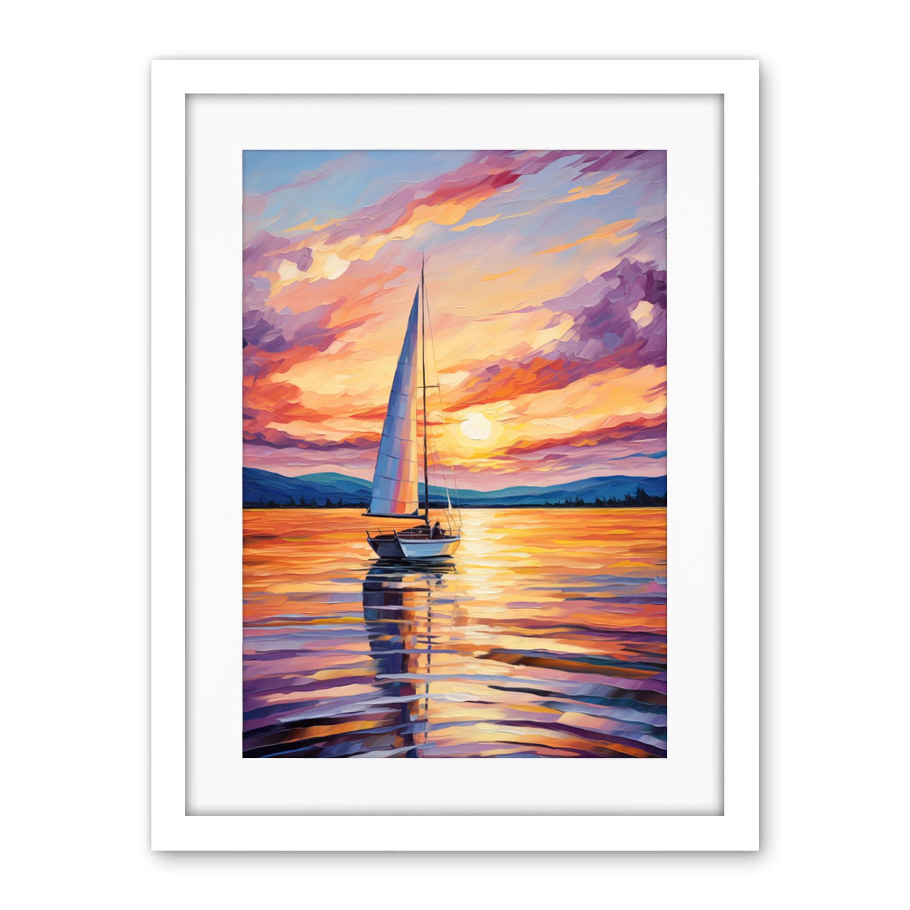 Artery8 Sunset Sailing Vibrant Oil Painting Orange Purple Blue Bathroom Artwork Sail Boat Seascape Artwork Framed Wall Art Print 18X24 Inch