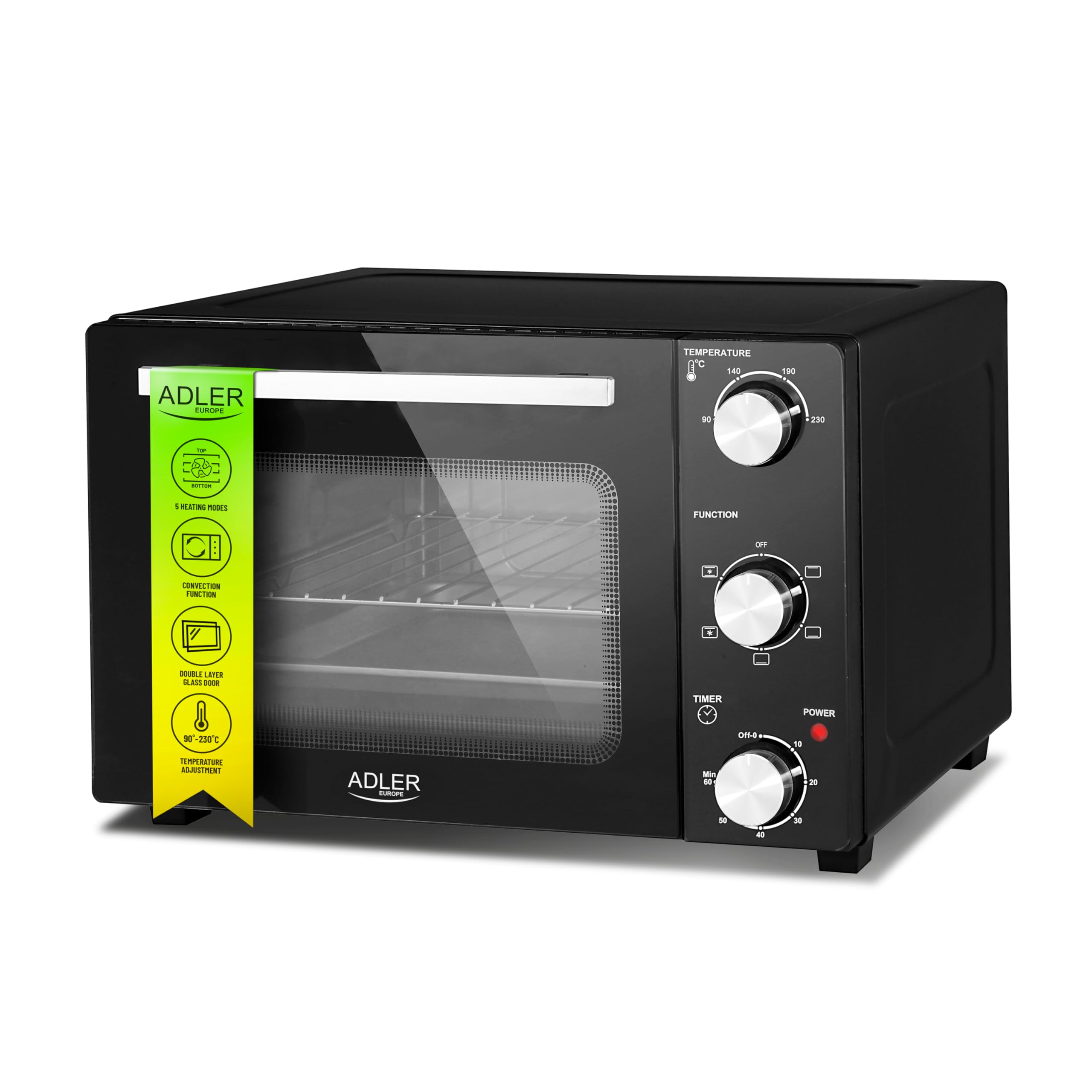 ADLER EUROPE AD 6024 Mini Elektrischer Ofen 22L, Minibackofen mit Umluft, Timer, Ideal für Camping