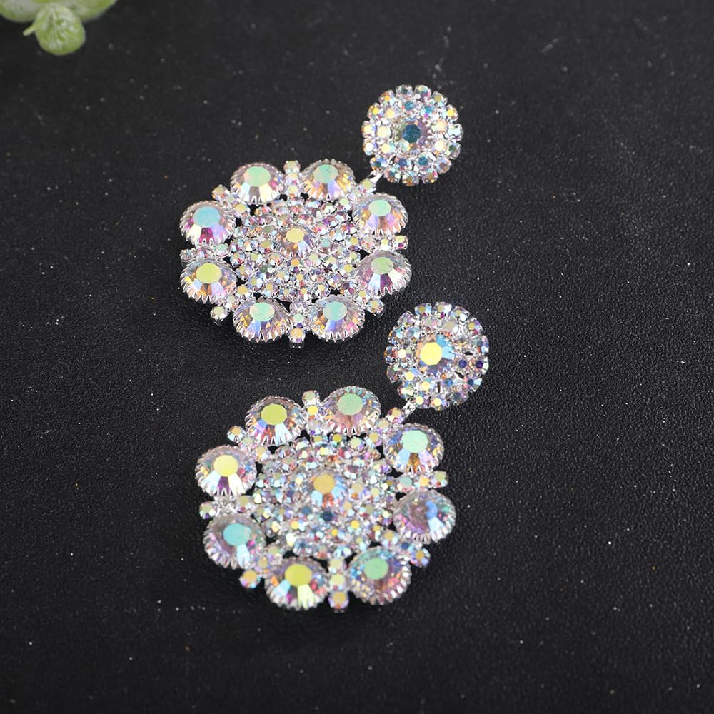 Jumwrit Shiny Rhinestone Long Dangle Drop Earrings Sparkle Colorful Flower Crystal Big Hoop Stud Earrings Chunky Geometry Chandelier Earrings Fashion Statement Jewelry Gift for Women Girls - Image 6