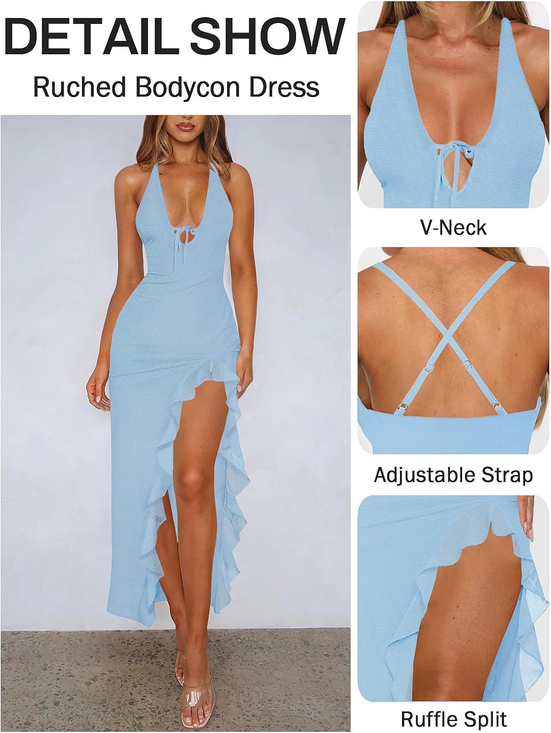 Women's Sexy Wedding Guest Dress Mesh Halter High Slit Ruffle Maxi Dress Formal Cocktail Dresses for Women - Image 4