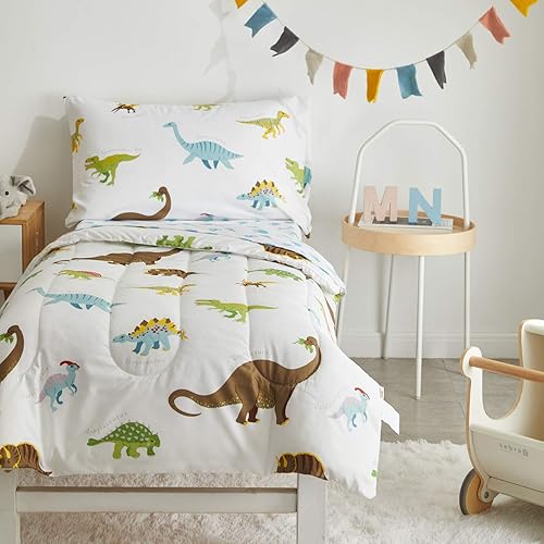 Miniatura 2 de Juego de ropa de cama de 4 piezas para niños pequeños, dinosaurio blanco con dinosaurios coloridos y monstruos, juego de sábanas para otoño e