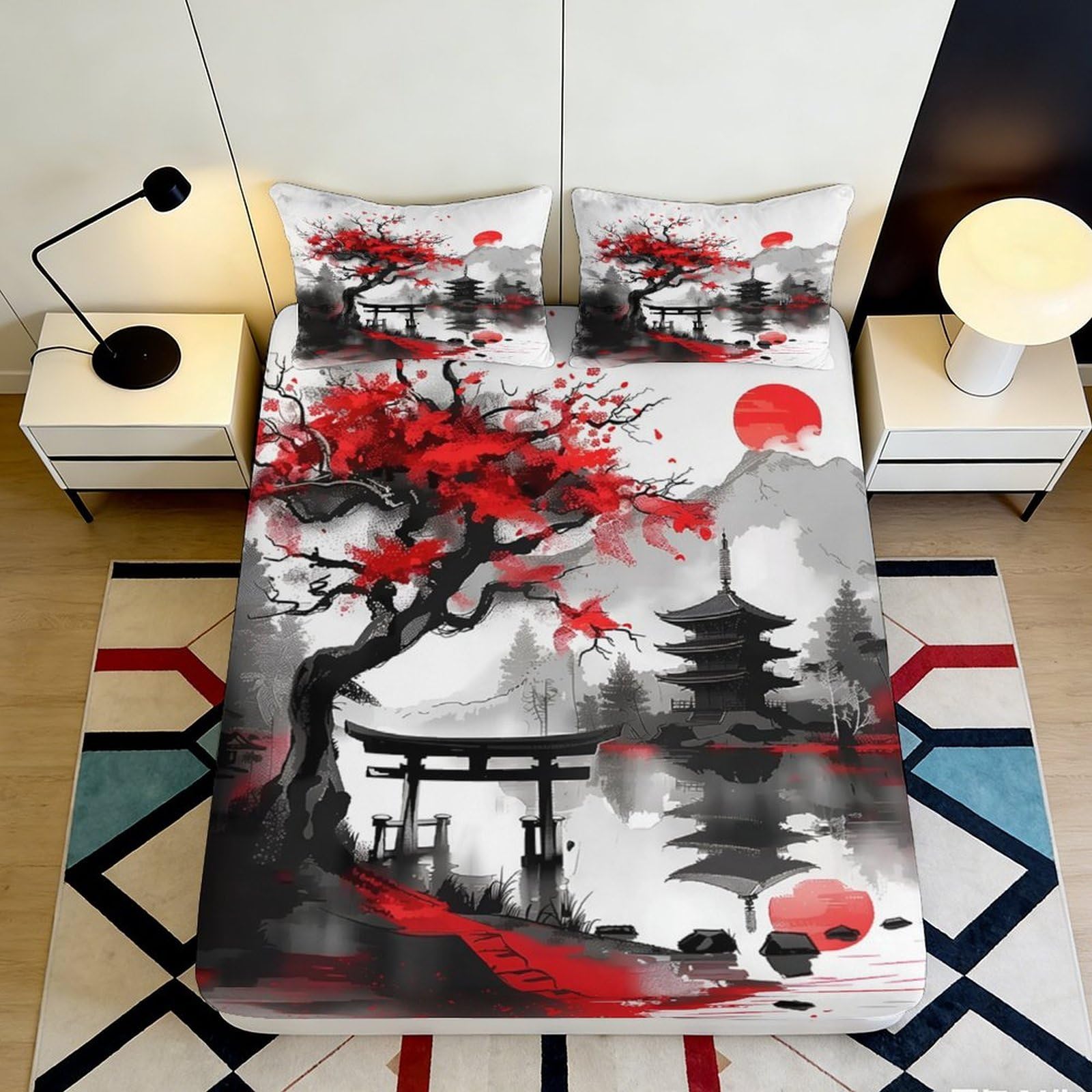 3D Printed Japanese Red Sakura Fitted Sheet Microfiber Soft Pagoda Mattress Cover for Bedroom Dorm Decor 90x200x25cm