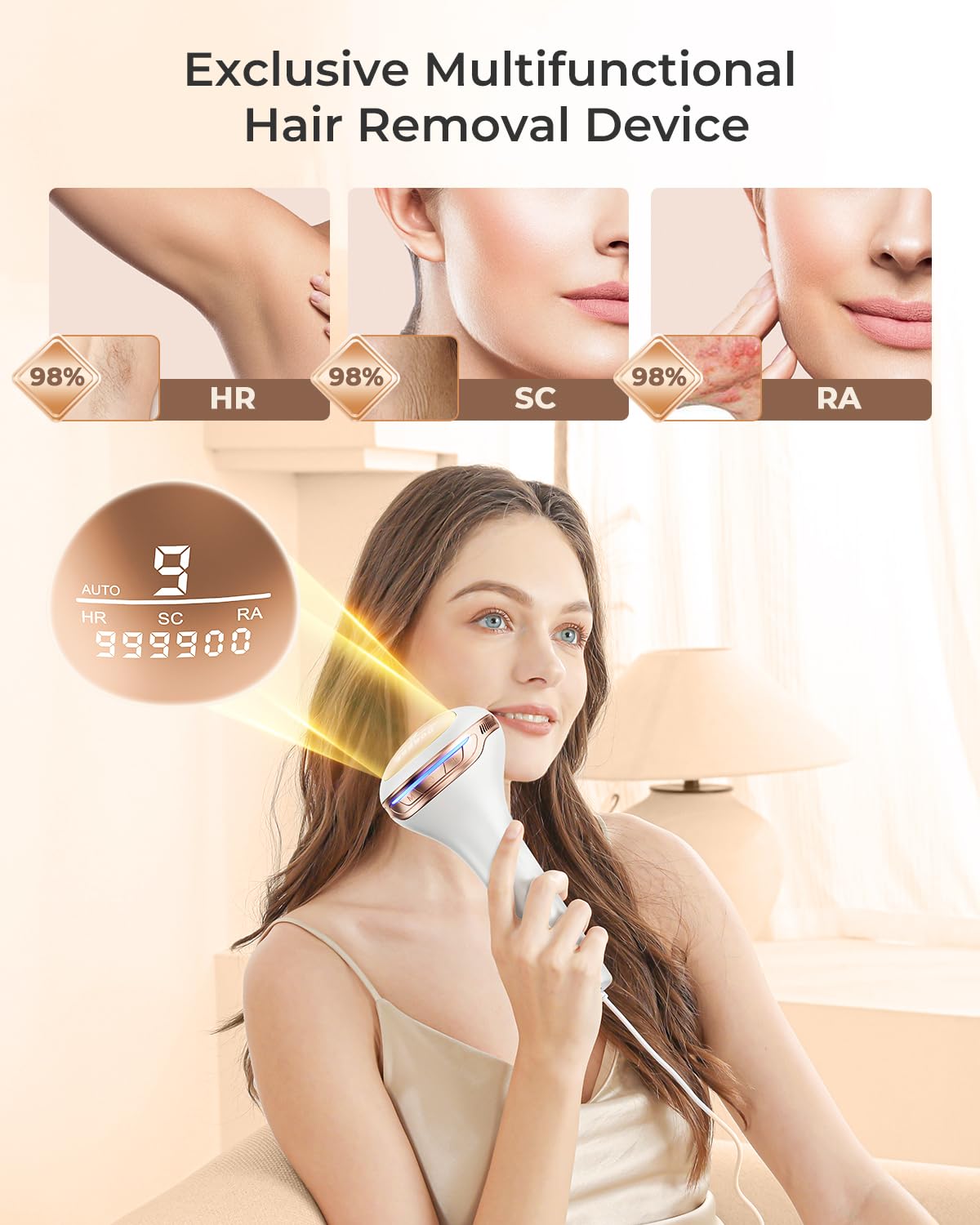 IPL Epilatore Luce Pulsata, 3 in 1 Laser Epilatore a Luce Pulsata Efficiente 600NM-1200NM Laser Depilazione, 9 livelli di Energia, 999,900 Luce Pulsata per Donne, Viso, Ascelle, Corpo