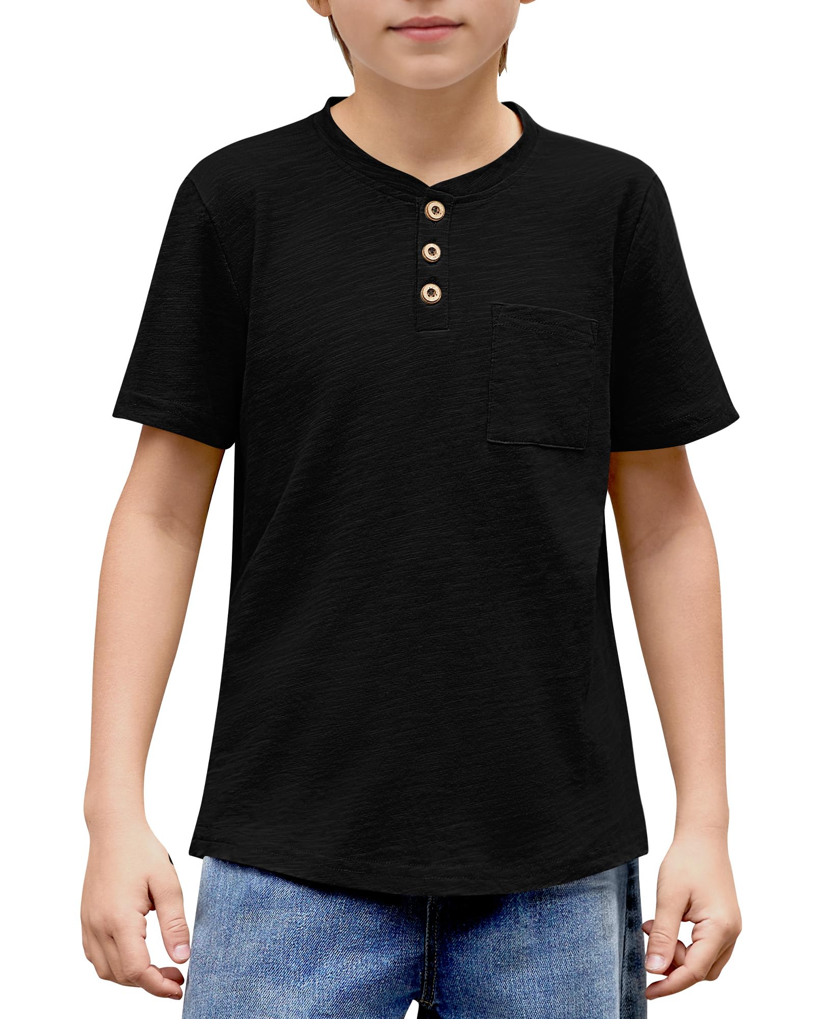 Jungen T-Shirt für Baumwolle Sommer Kurzarm mit Knopfleiste und Brusttasche einfarbig lässig für täglich