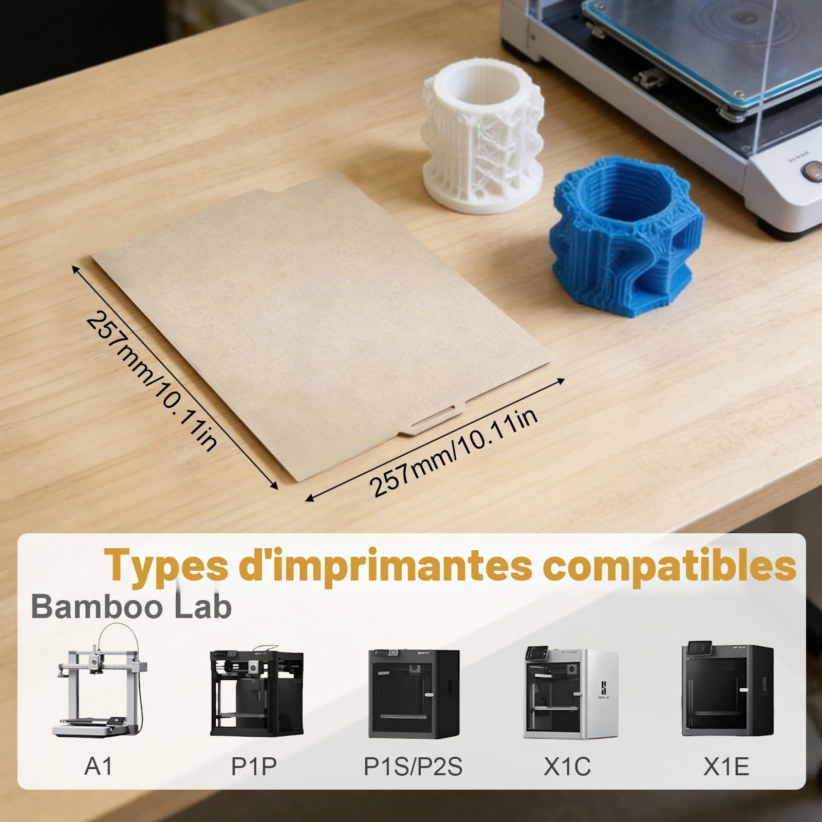 Plaque d'impression PEI (doré) + PET (motif fibre de carbone) pour Bambulab P1S/P2S/X1C/P1P/X1/A1, plateau d'impression en acier à ressort PEI lisse pour plateformes d'imprimante 3D Bambulab avec PLA