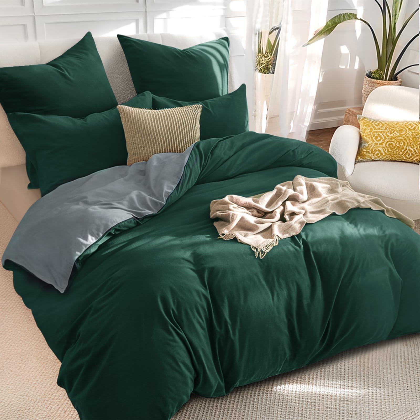 RUIKASI Dark Green Double Duvet Set Grey, Reversible Green Duvet Cover Double Bedding Set including Zip