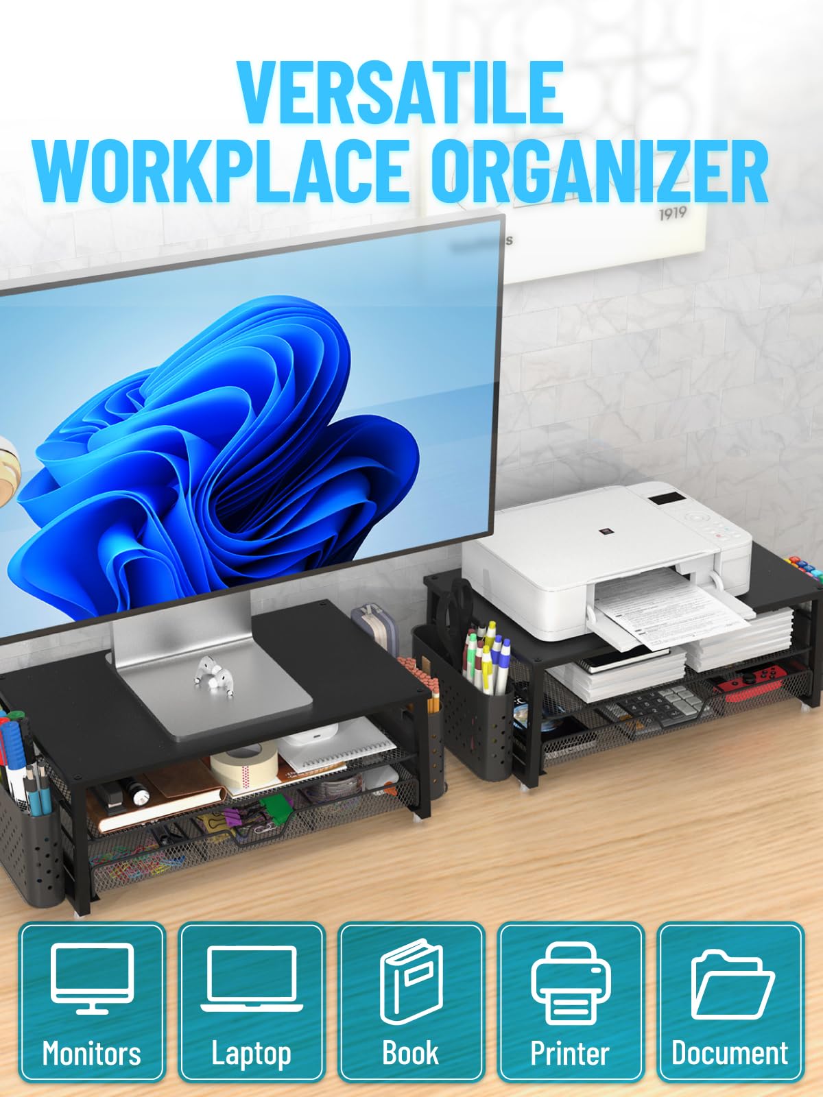 MOWETOO Soporte para monitor con 2 niveles, soporte para impresora, soporte para monitor con plataforma de rejilla, cajón y soporte para bolígrafos, adecuado para portátiles, ordenadores, PC — view 4