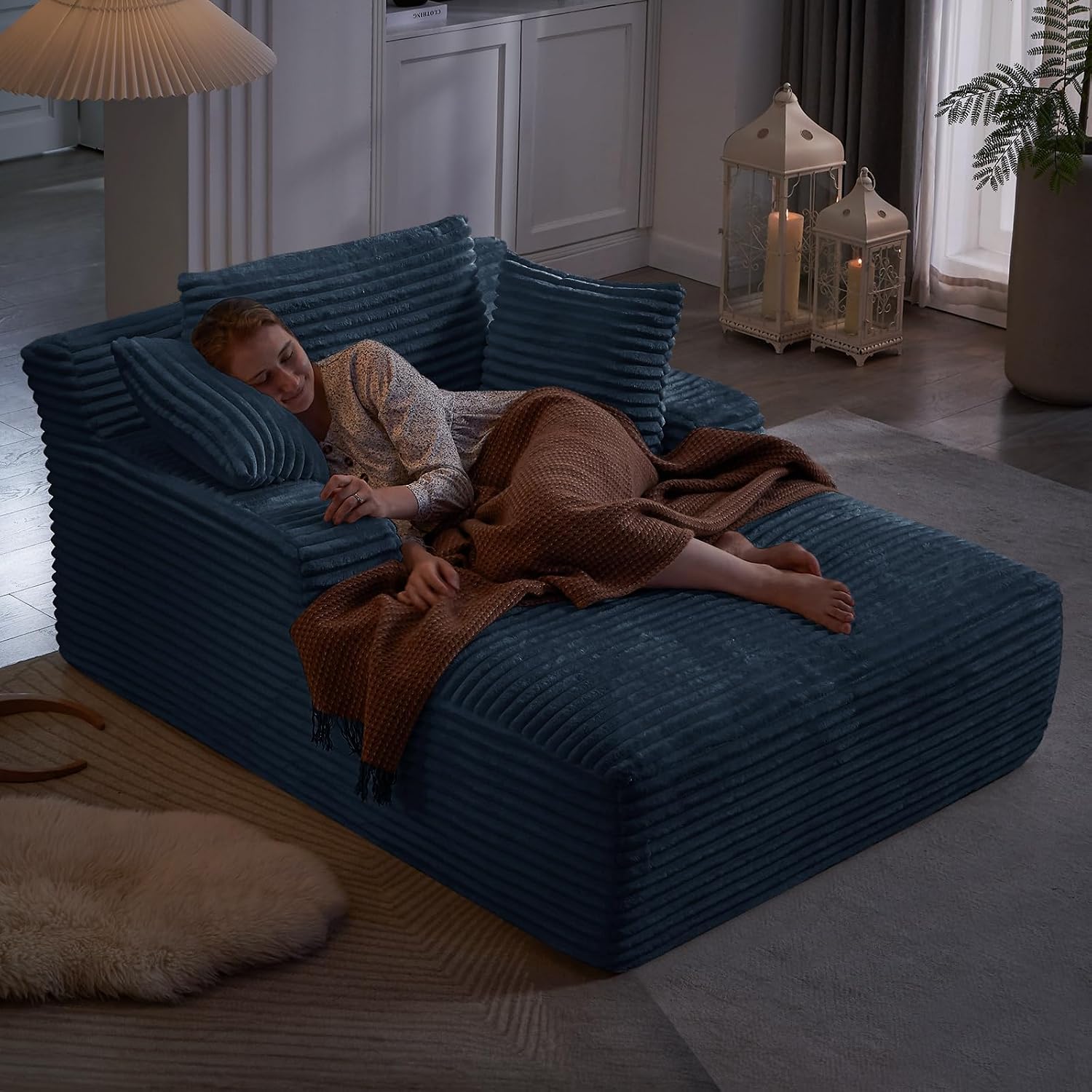 Oversized Chaise Lounge Chair Indoor,50" W Upholstered Corduroy Sofa with 3 Pillows,Comfy Fluffy Cloud Couch,Modern Deep Seat Sofa,Single Sleeper Sofa Chair for Livingroom,Bedroom,No Assembly(Blue)