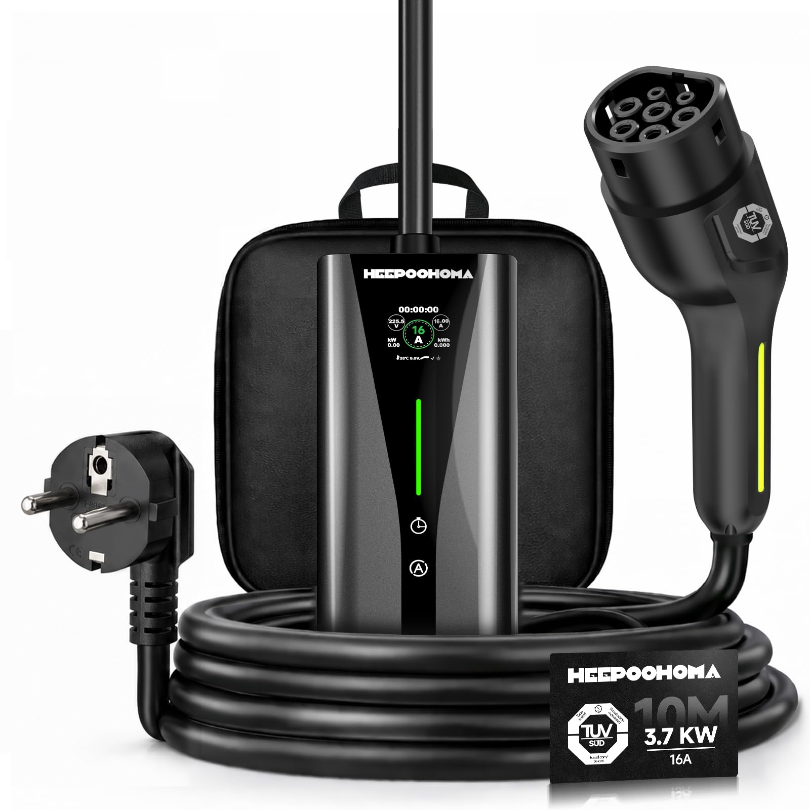 Cable de carga Schuko tipo 2, 10 m, 3,68 kW, cargador EV 6 – 16 A ajustable, cable de carga para coche eléctrico de 1 fase, con indicador LED, estación de carga portátil IP65 para PHEV/EV (HPO – 3,7
