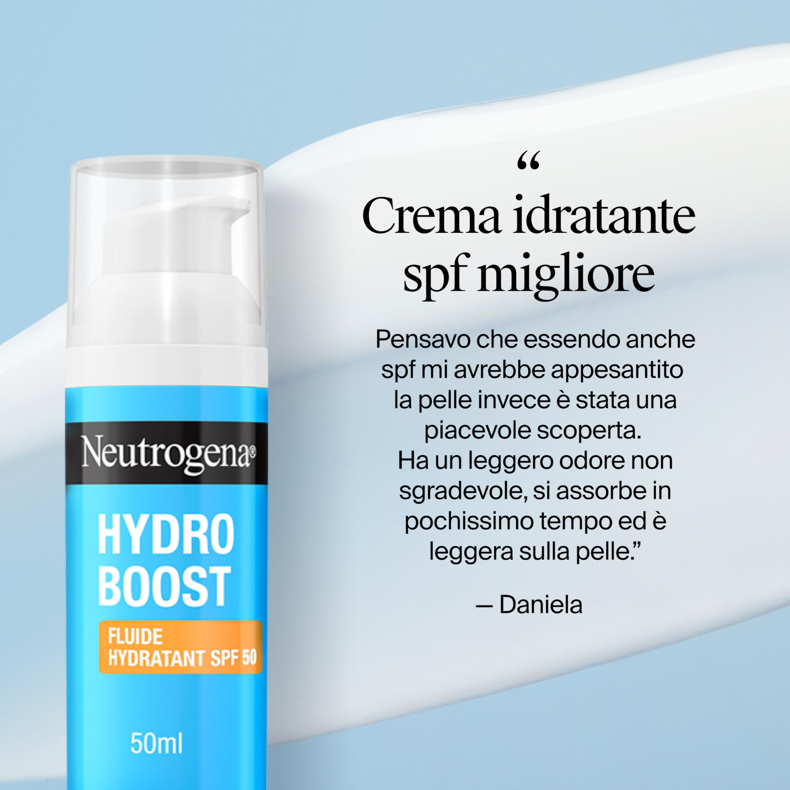 Neutrogena Hydro Boost Fluido Idratante SPF 50, Crema solare viso 50 con Acido Ialuronico, Niacinamide e Vitamina C, Crema viso SPF 50 in fluido, Protezione solare viso contro raggi UVA/UVB, 50 ml