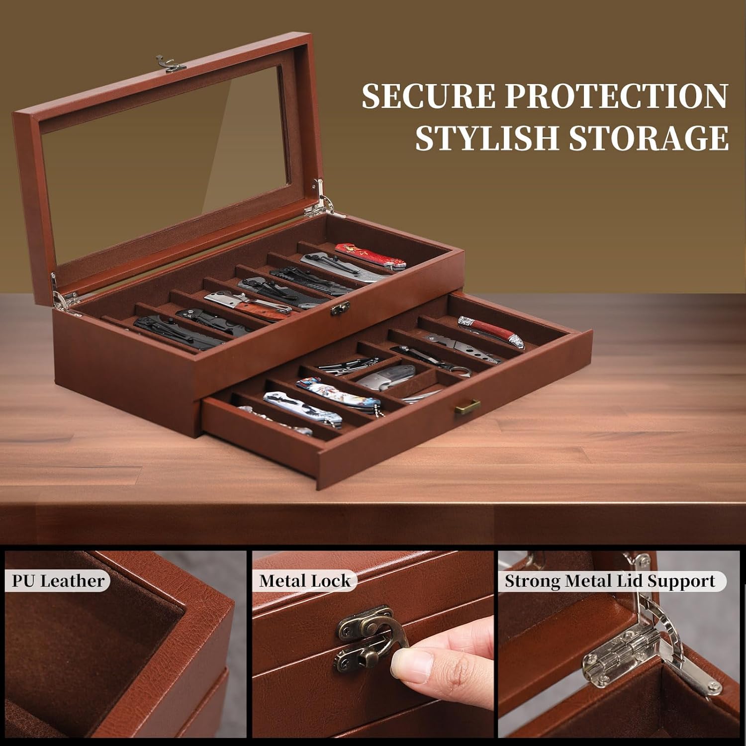 AUTOARK 2-Tier PU Leather & Velvet Knife Organizer with 17 Slots,Transparent Glass Top & Drawer,Compact Storage for Pocket Knives,Perfect for Men's Collections & Gifts,Coffee,MKAW012