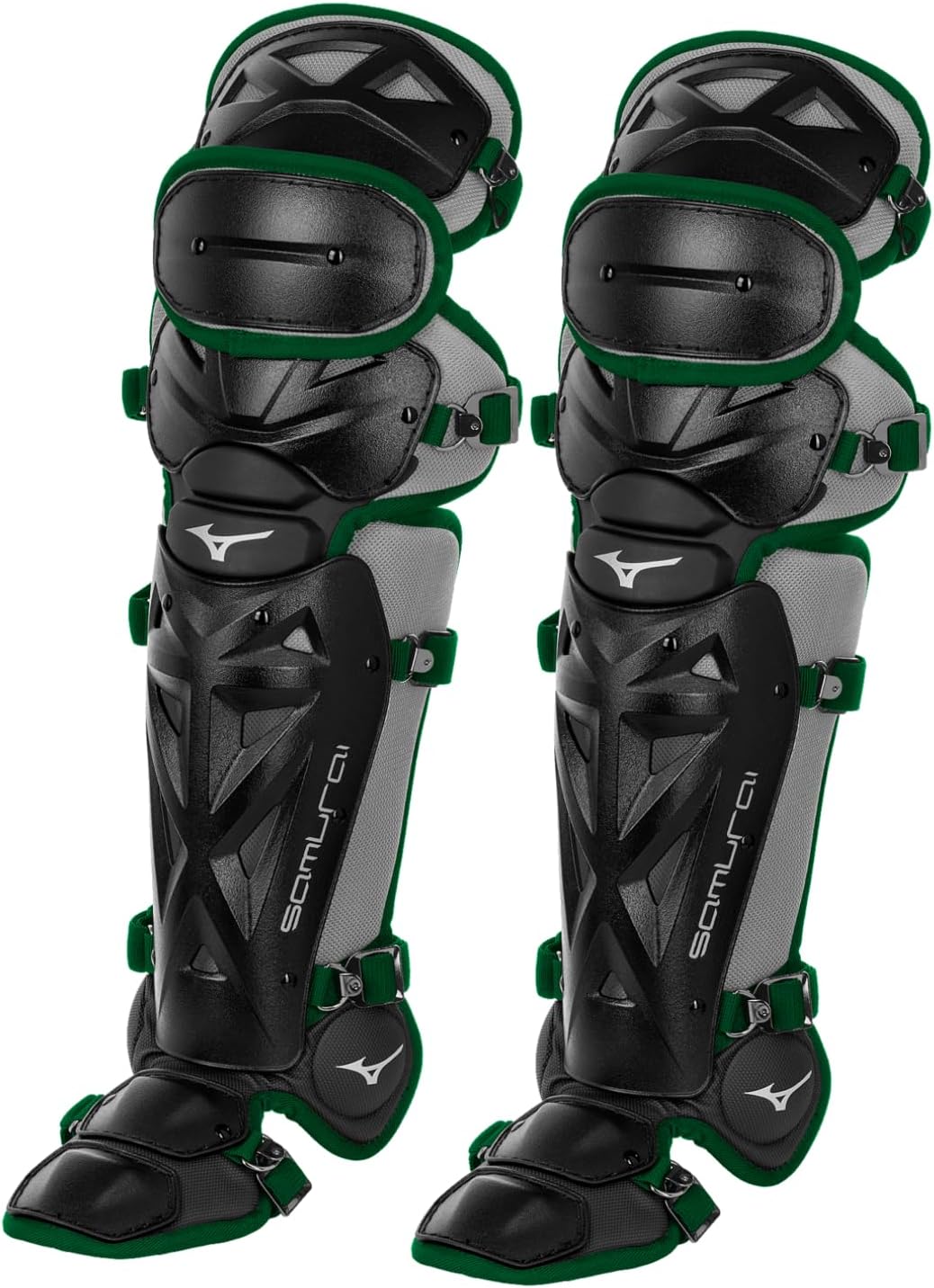 Mizuno Adult Samurai Baseball Shin Guards Black/Forest 16.5"