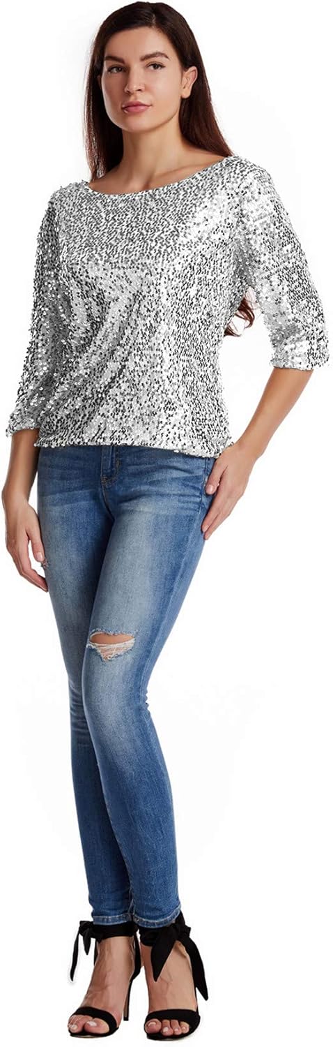 Women Sequin Sparkle Glitter Tank Coctail Party Tops T-Shirt Blouses - Image 4