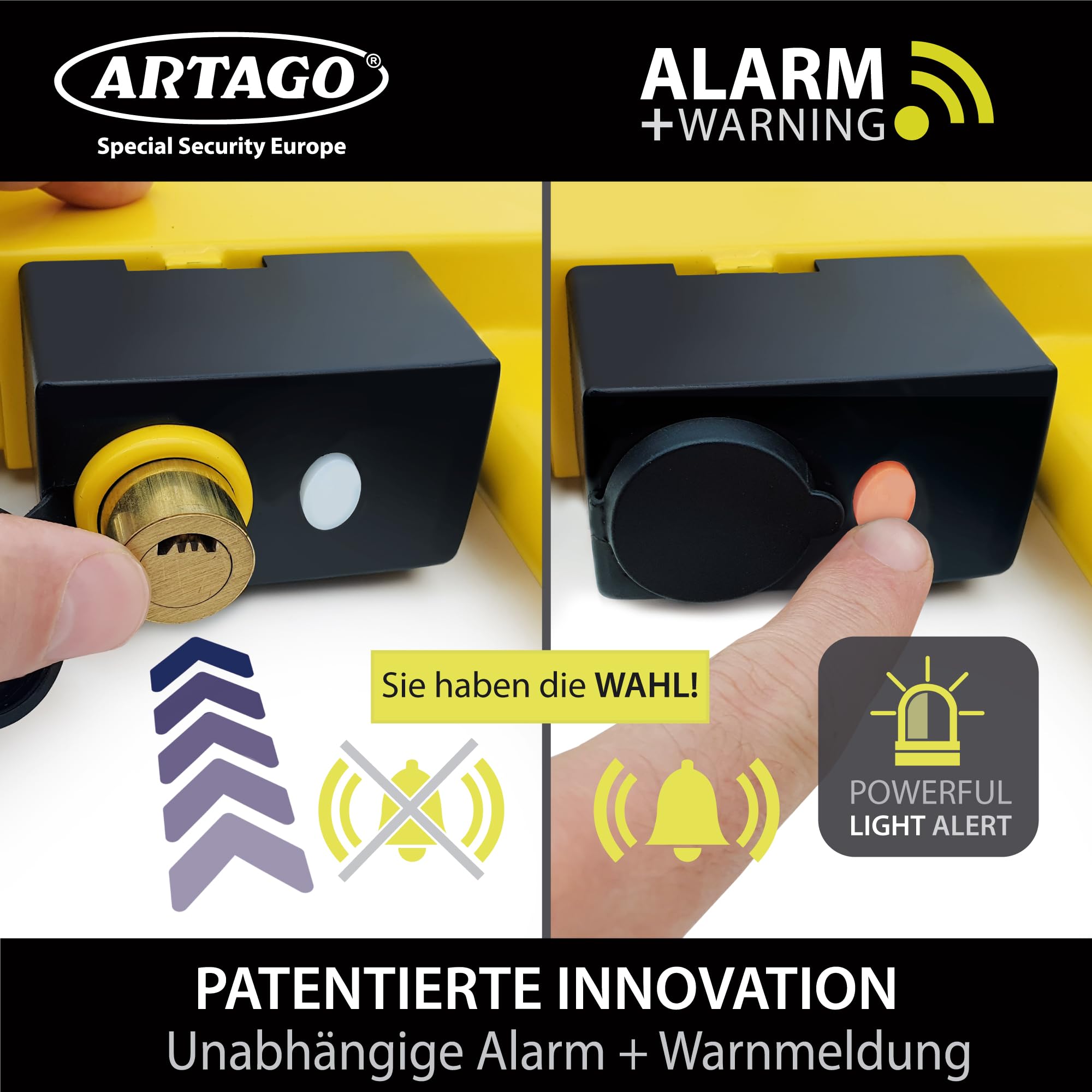ARTAGO ART872 Hochwertige Radkralle 2in1 Ohne/Mit Alarm 120dB+LED, Die Sicherste Parkkralle, Patentiert, Rostgeschützt, Wegfahrsperre Reifenkralle für Auto Wohnmobil Wohnwagen Anhänger