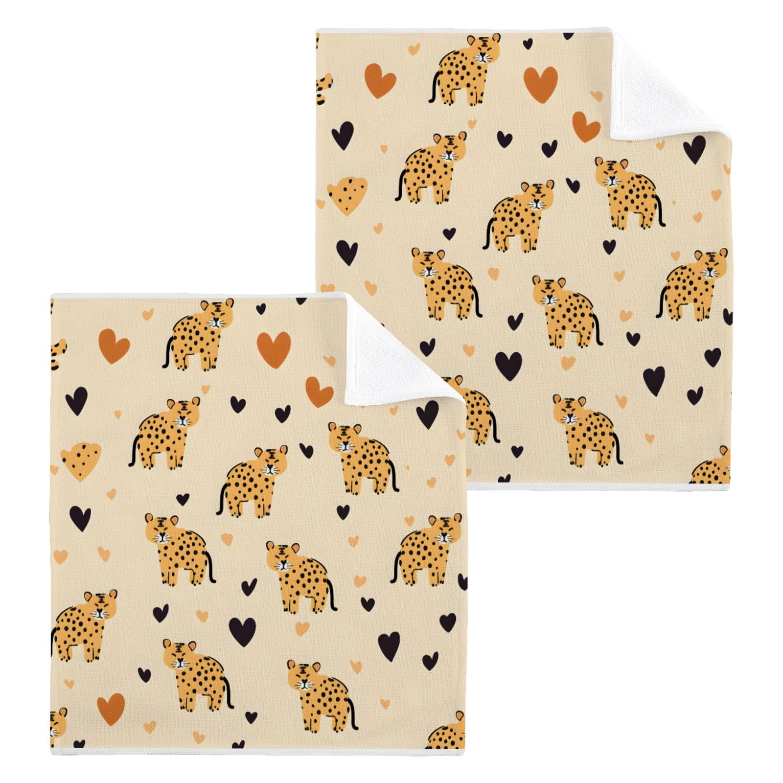 ALAZA Wash Cloth Set 100% Cotton Fingertip Towels Face Cloths Sets Leopard Heart Highly Absorbent Soft Feel Set of 2