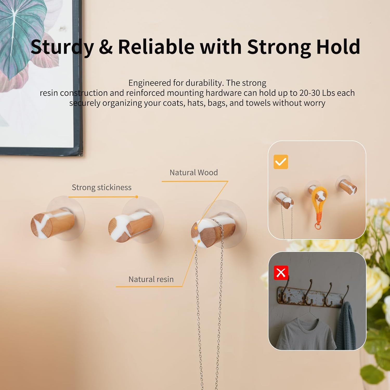 Resin Wood Wall Hooks Set of 4 - Handmade Decorative Coat Hooks for Entryway Bathroom Bedroom - Nordic Modern Design (White)