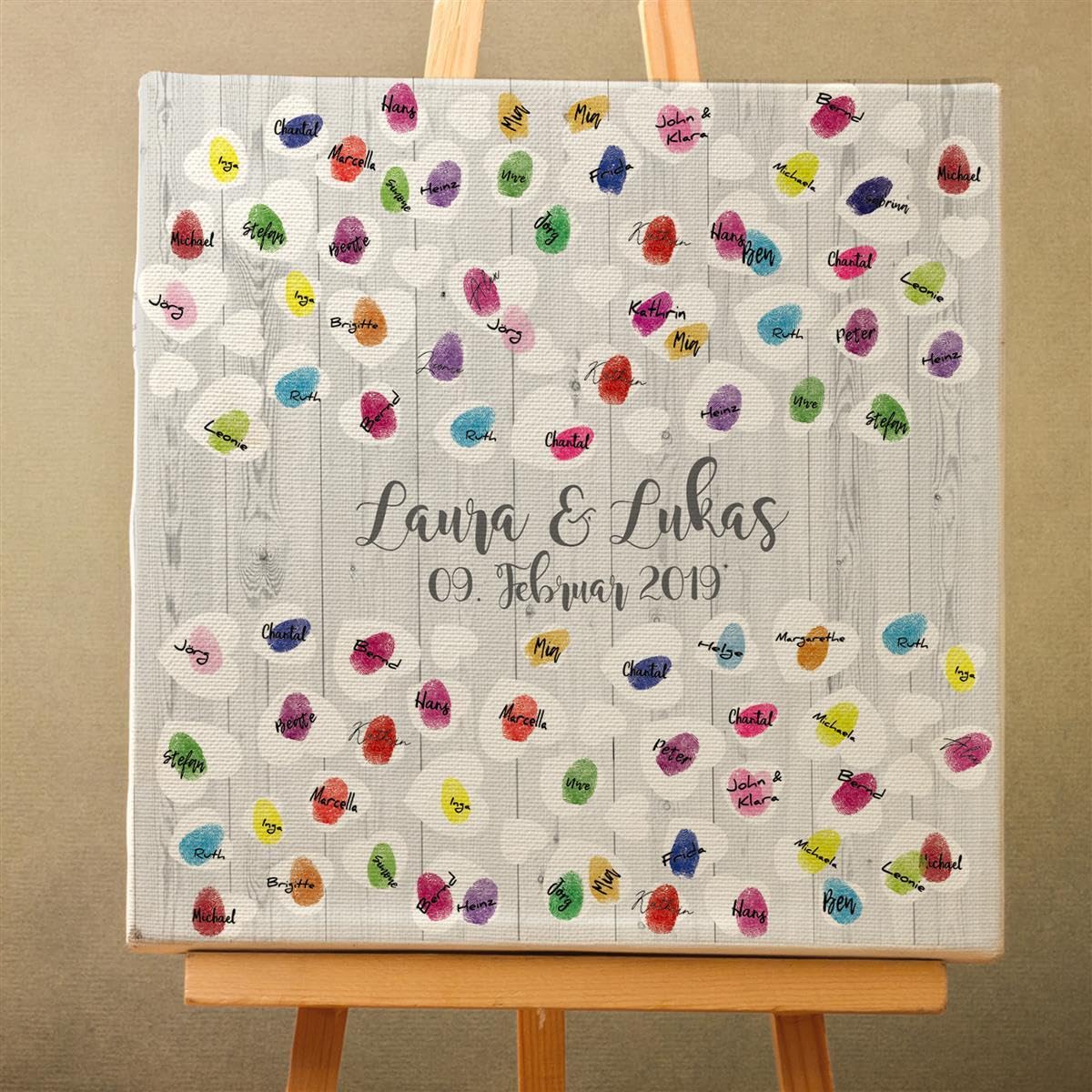Madyes Płótno ślubne, księga gości z drewna i serca dla pary młodej, jako prezent, dekoracja ślubna, imiona z datą, wymiary 50 x 50 cm, na blejtramie drewnianym