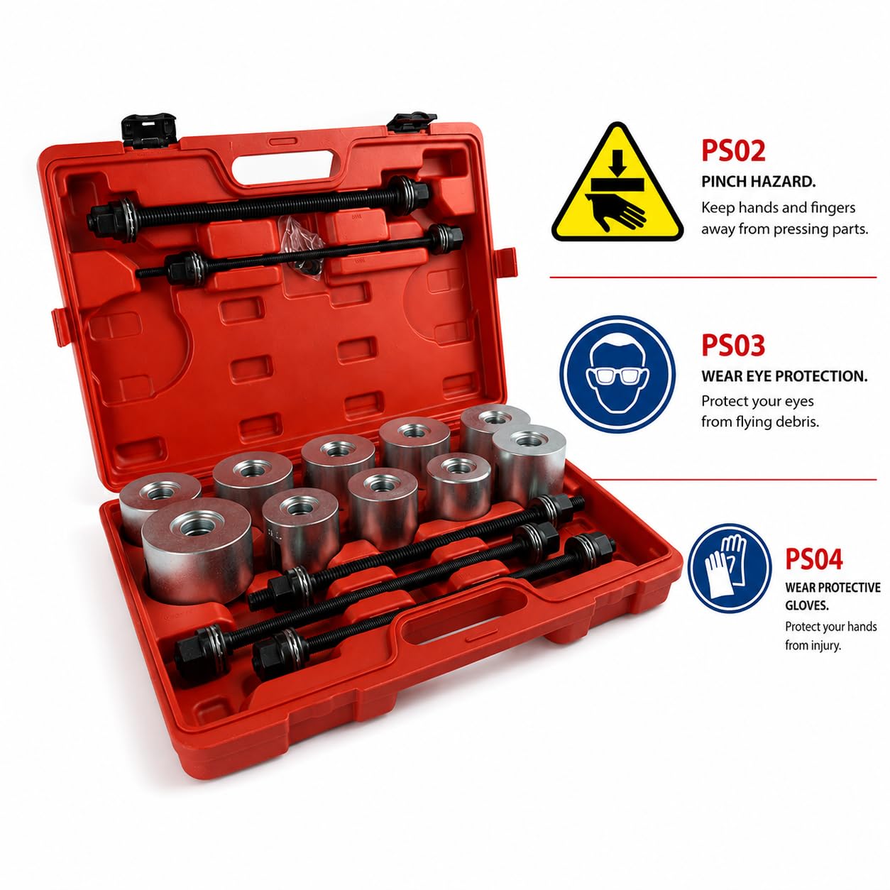 Set estrattore per Silent Block 34–90 mm e boccole con 22 Manicotti di pressatura e 5 Mandrini e Dadi, Kit per rimozione di boccole con Cuscinetti di Tenuta per Auto Camion