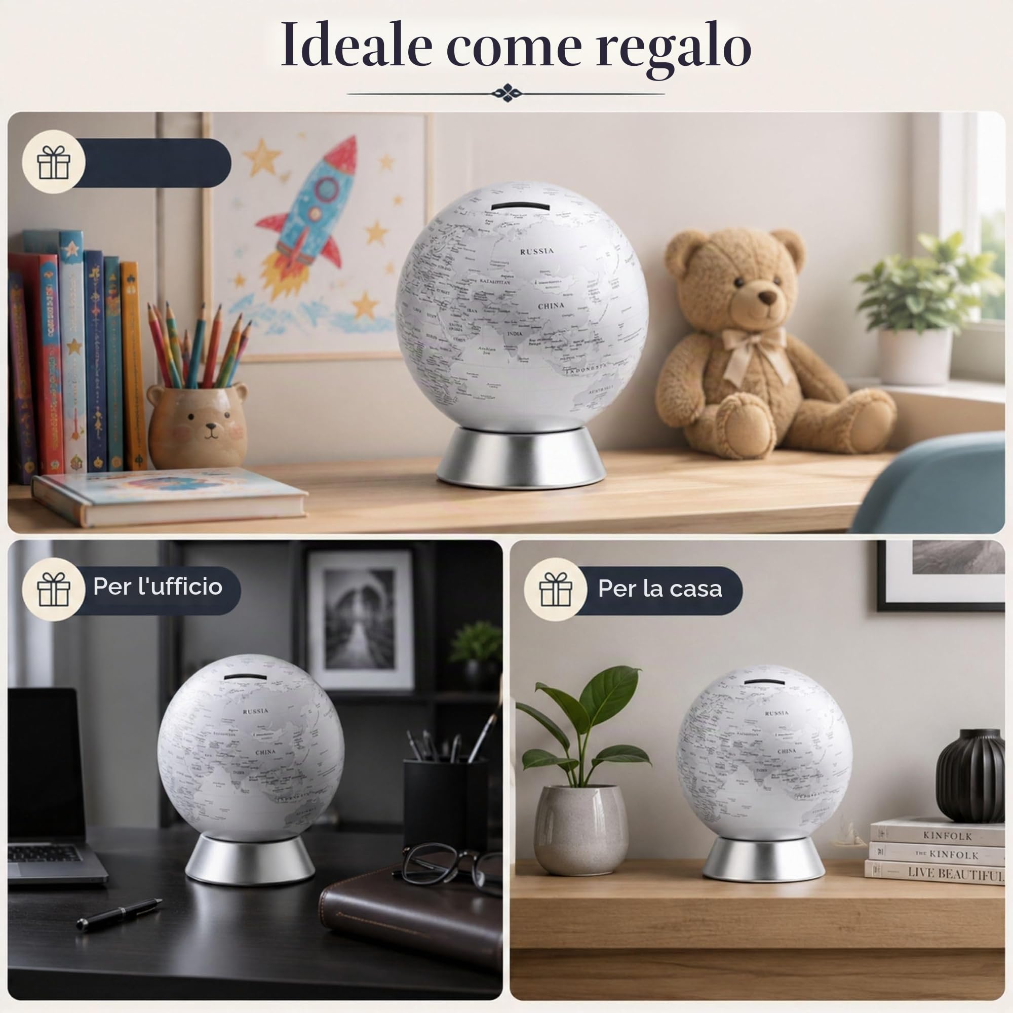 Exerz Salvadanaio Mappamondo/Globo terraqueo Diametro 16cm- mappa in inglese - dall'aspetto metallico contemporaneo - Argento