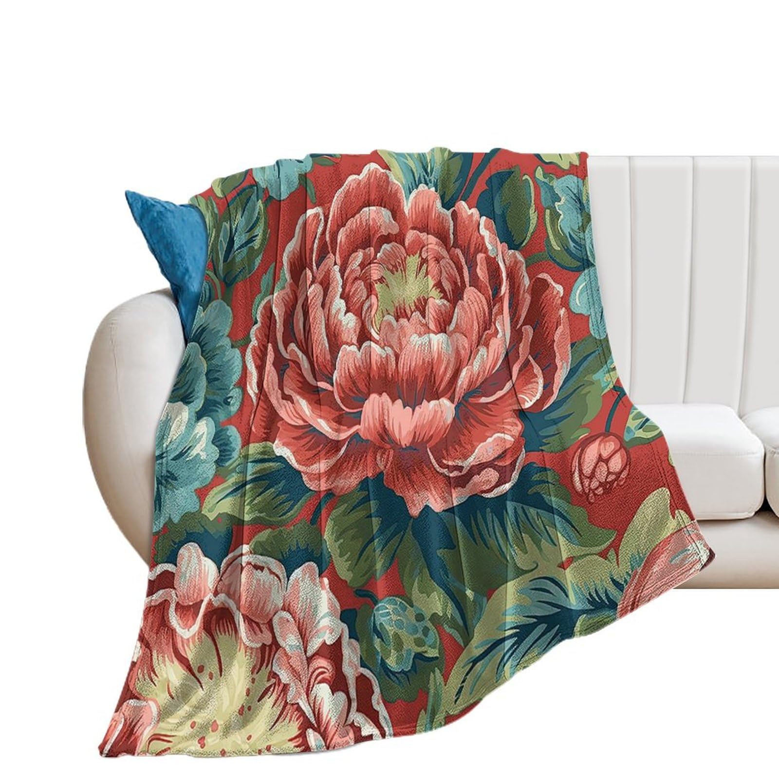 Couverture flanelle pivoine rouge haut de gamme pour lit et canapé