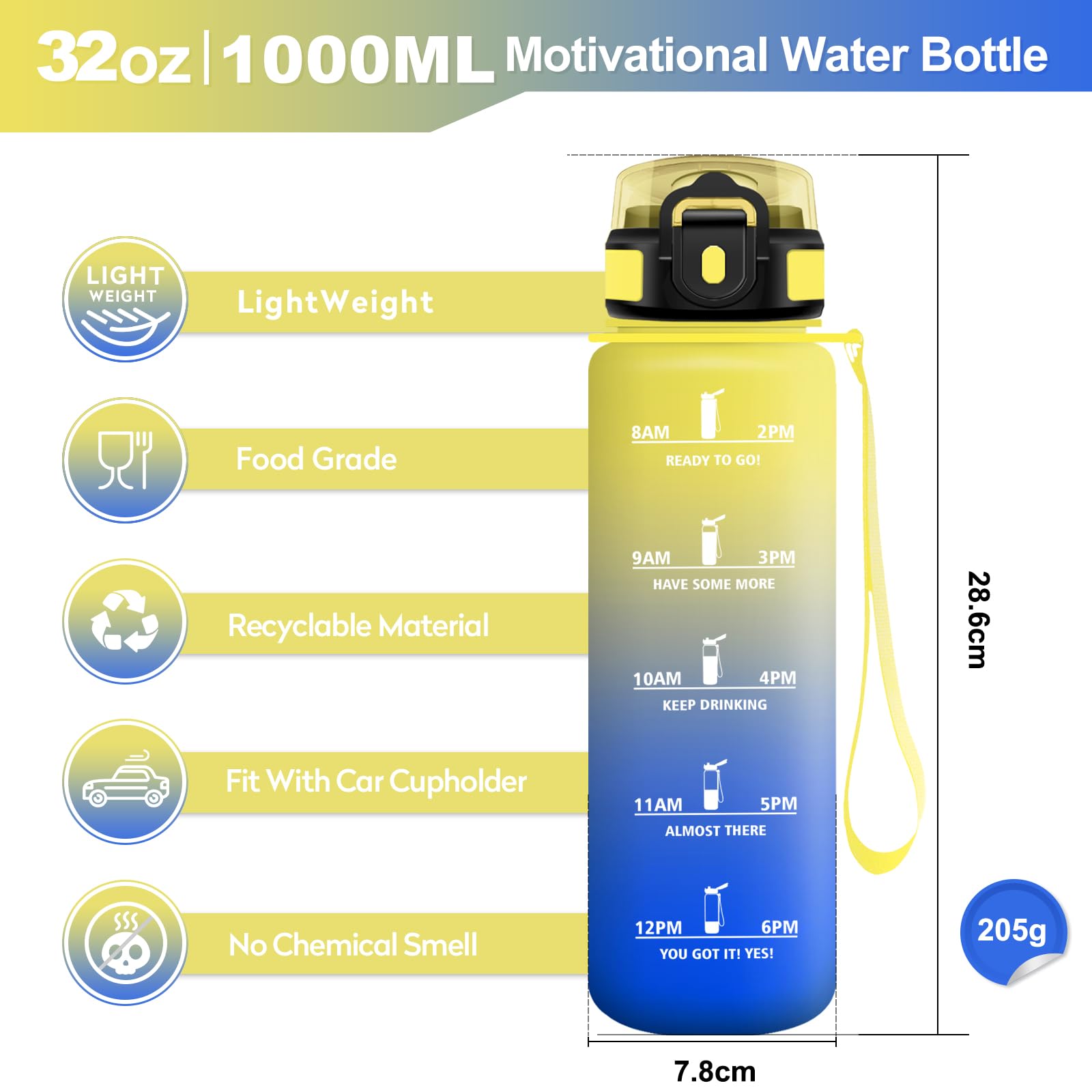 Borraccia 1L, Bottiglia con Indicatore del Tempo Motivazionale, Bottiglia con Cannuccia, Riutilizzabile, senza BPA, A Prova di Perdite, per Fitness, Scuola, Ufficio, Ciclismo, Alpinismo, Yoga