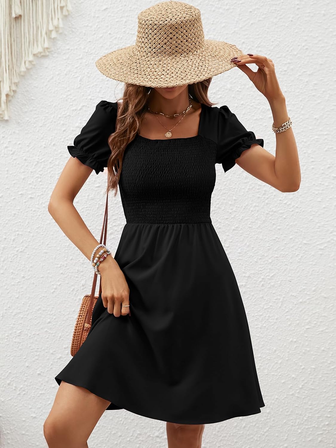 Berydress Women's Summer Dresses 2025 Pockets Short Sleeve Square Neck Flowy A Line Casual Beach Smocked Mini Sun Dress - Image 5