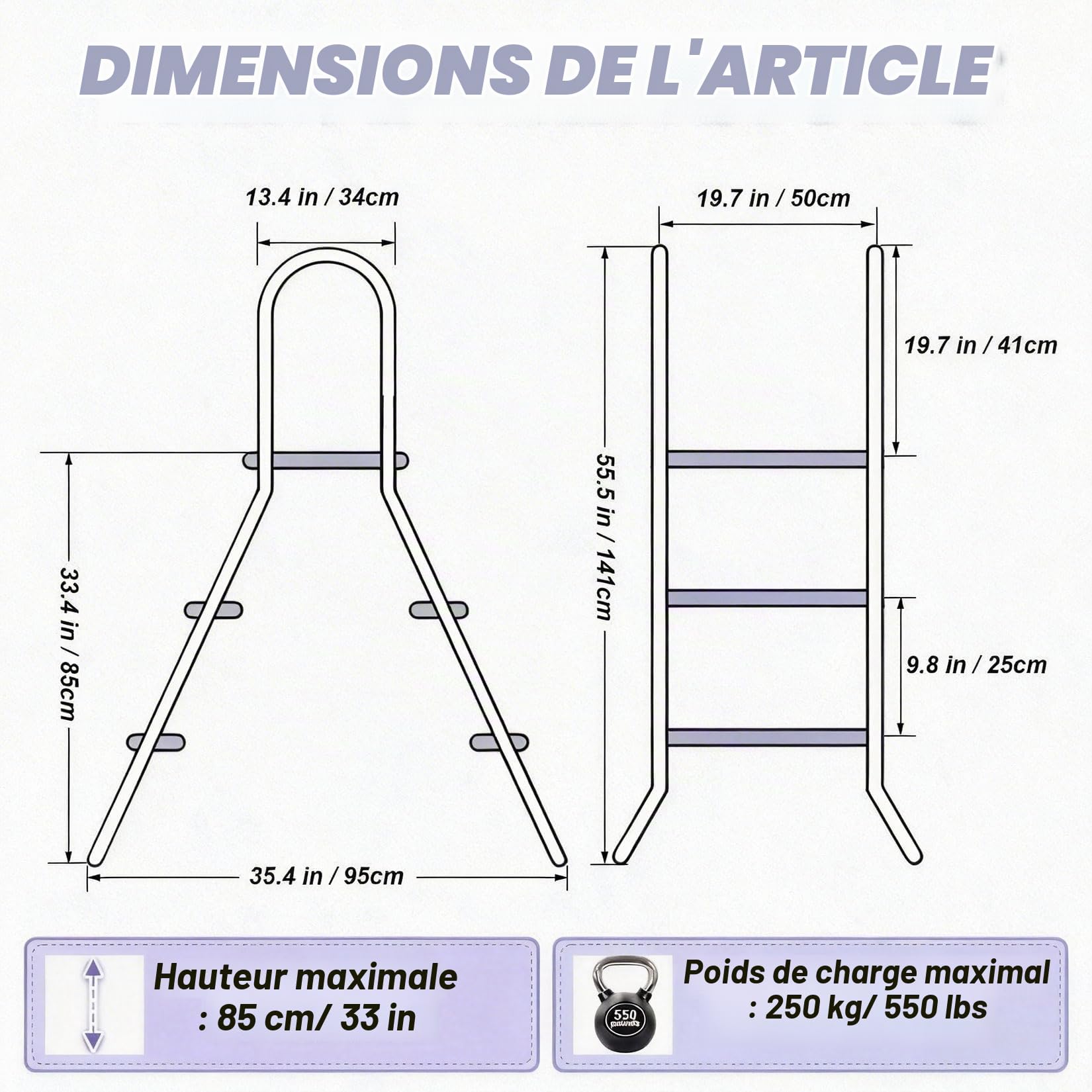 Échelle de Piscine en Acier Inoxydable 304 pour piscines Hors Sol, escalier à Double Main Courante de 2/3/4/5 marches, marches épaissies antidérapantes et Robustes, supporte 550 LBS,33 in