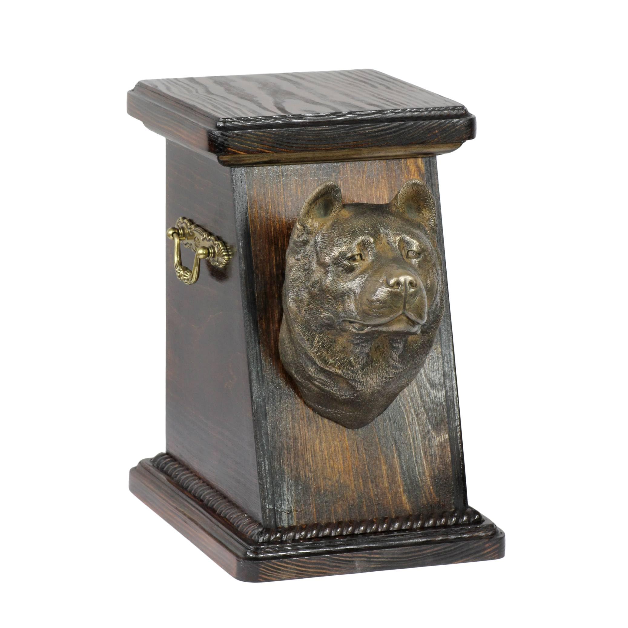 Urne pour cendres Akita-Inu, souvenir éternel en bronze et bois de bouleau