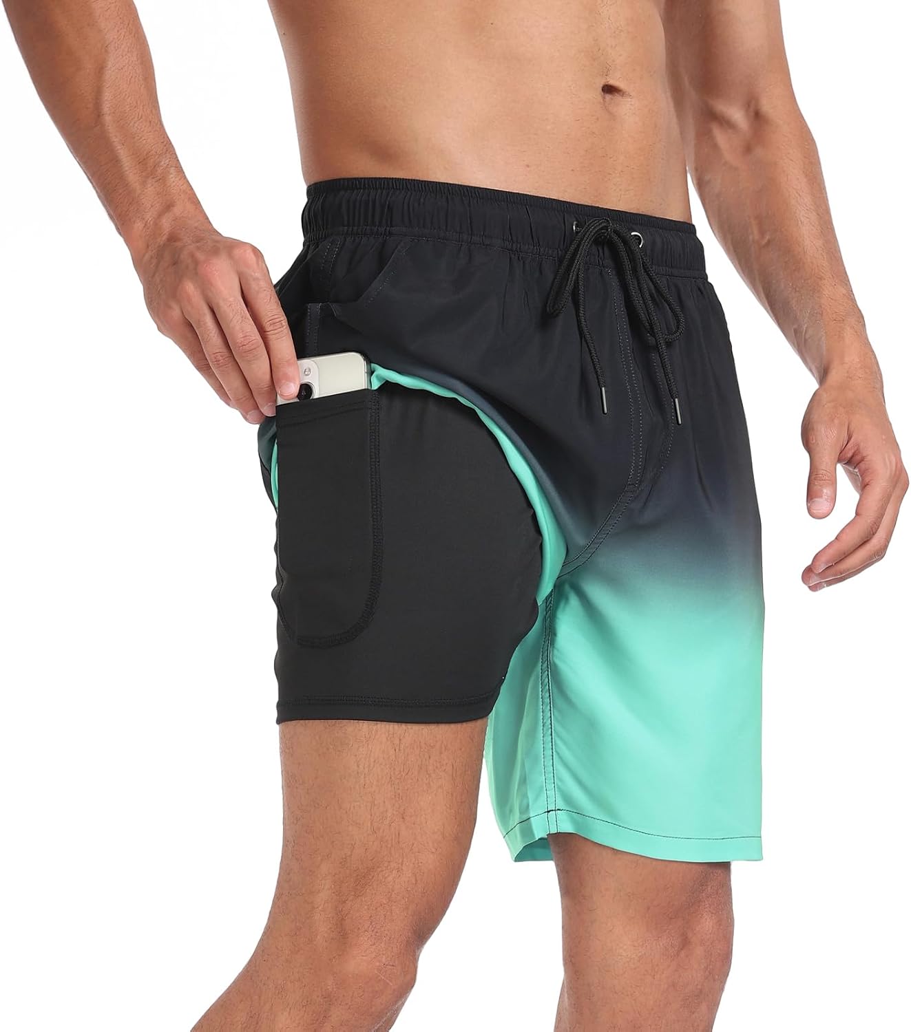 Mens Swim Trunks with Compression Liner 7 inch Inseam Quick Dry 2 in 1 Beach Board Shorts with Pockets S-3XL