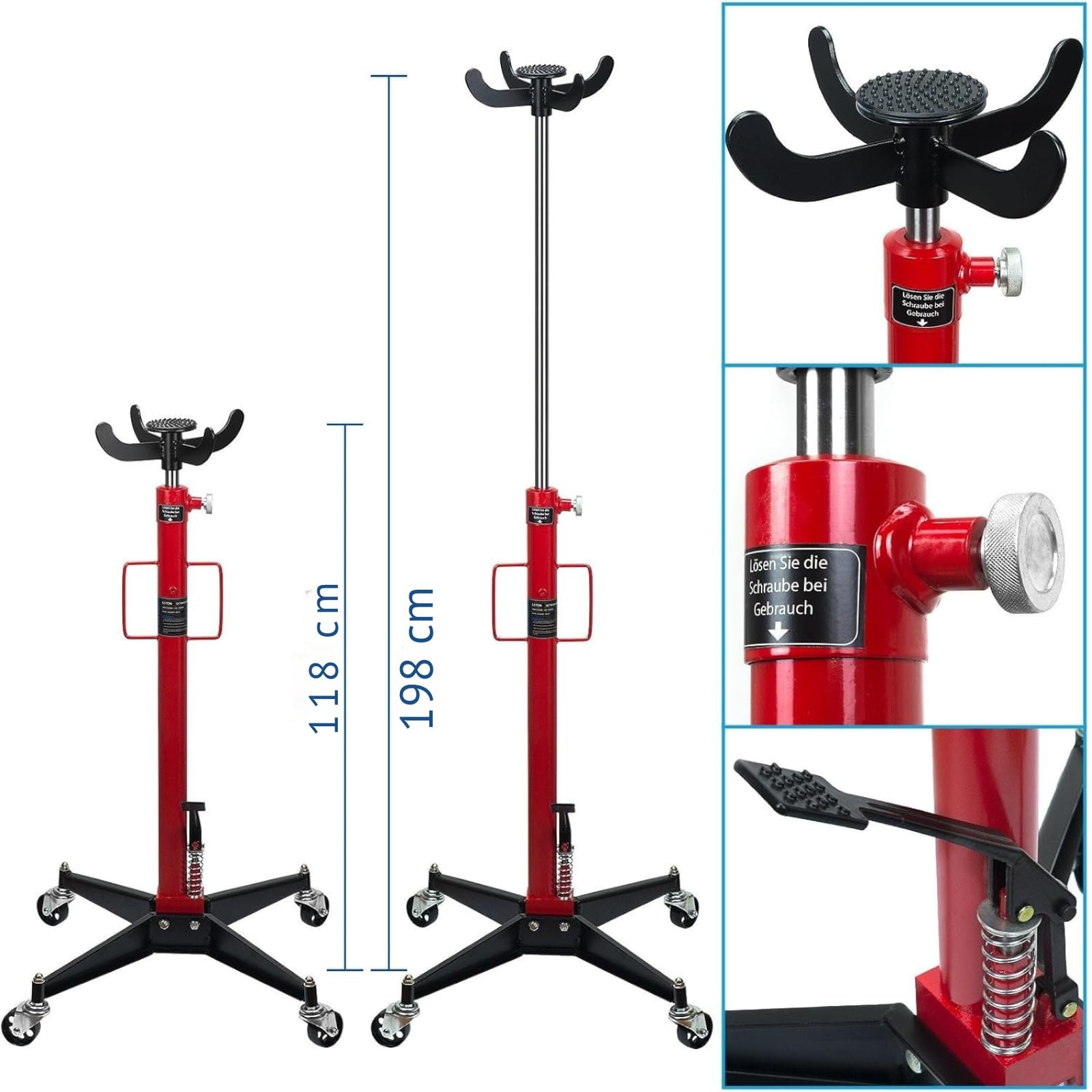 Verda Sollevatore idraulico, 600 kg, altezza di lavoro 118 – 198 cm, sollevatore motore con 4 ruote e pedale, martinetto idraulico