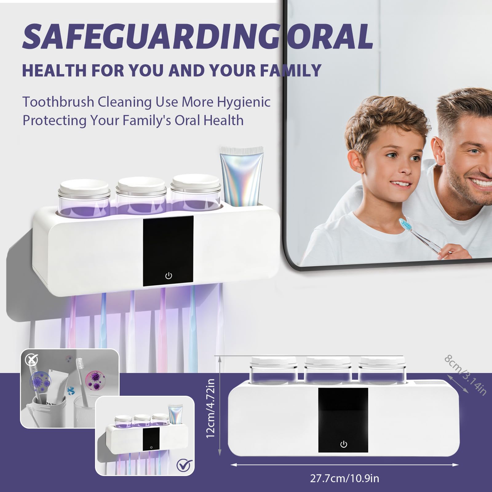 Sterilizzatore Portaspazzolino UV, Supporto per Spazzolini da Denti a Parete Porta Elettrico con Asciugatura e Disinfezione Portaspazzolino da Parete Senza Foratura con 6 slot e 3 tazze，Bianco