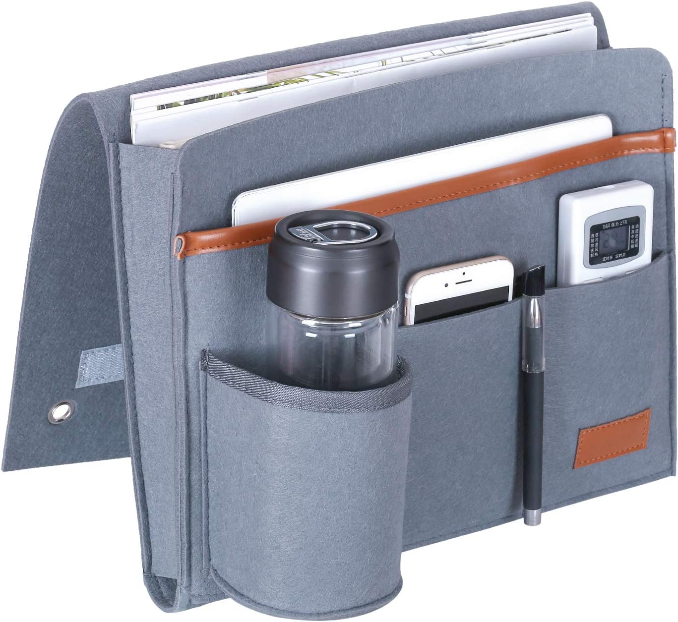 BEWISHOME Bedside Caddy Bedside Chair Hanging Storage Organizer for Holding Laptop, Magazines, Water Bottle and Remotes Grey FCD01S