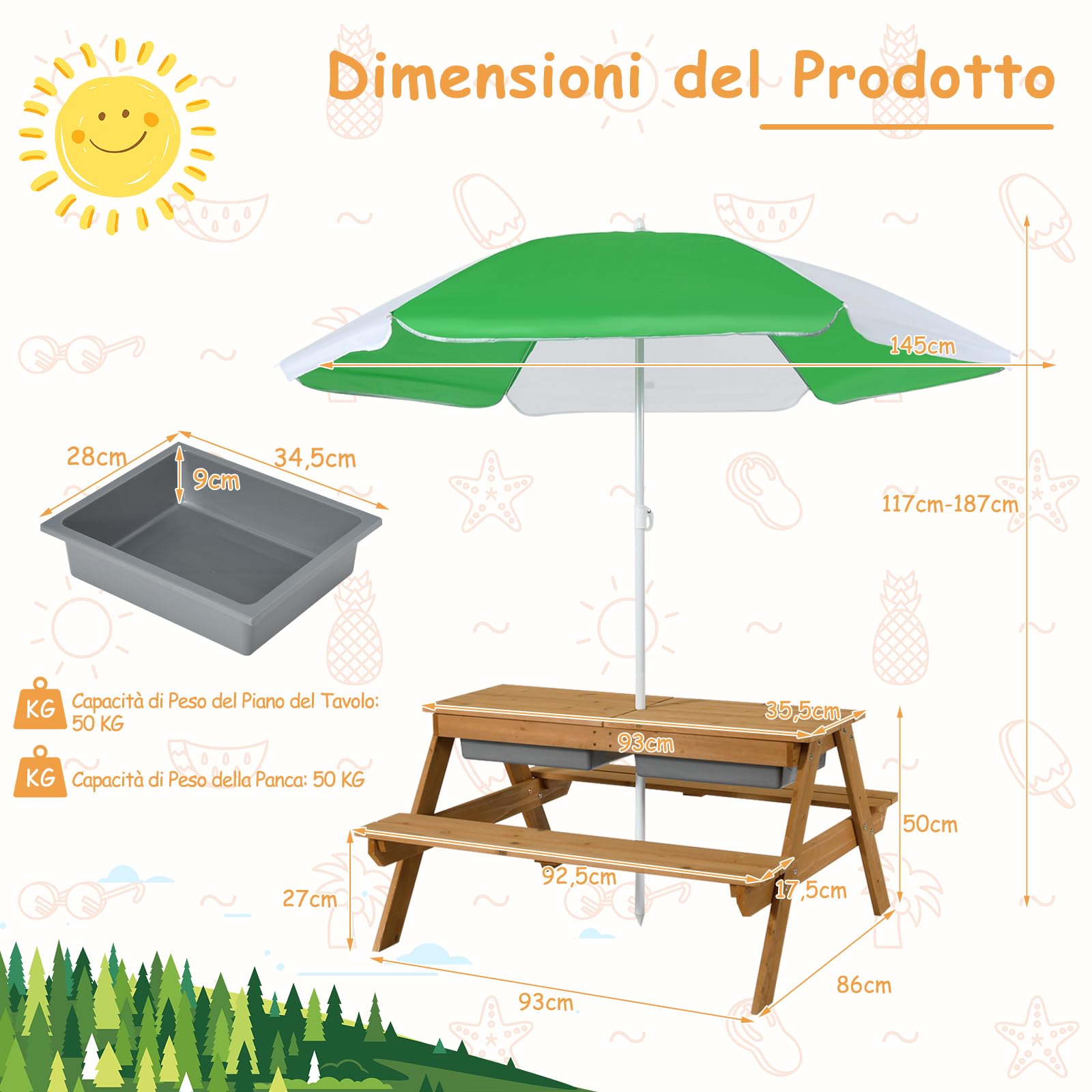 GYMAX Set Tavolo da Picnic 3 in 1 per Bambini, con Ombrello Rimovibile e Pieghevole e 2 Scatole, Set di Tavolo e Panca in Legno per Esterno Giardino Patio (Bianco+Verde)