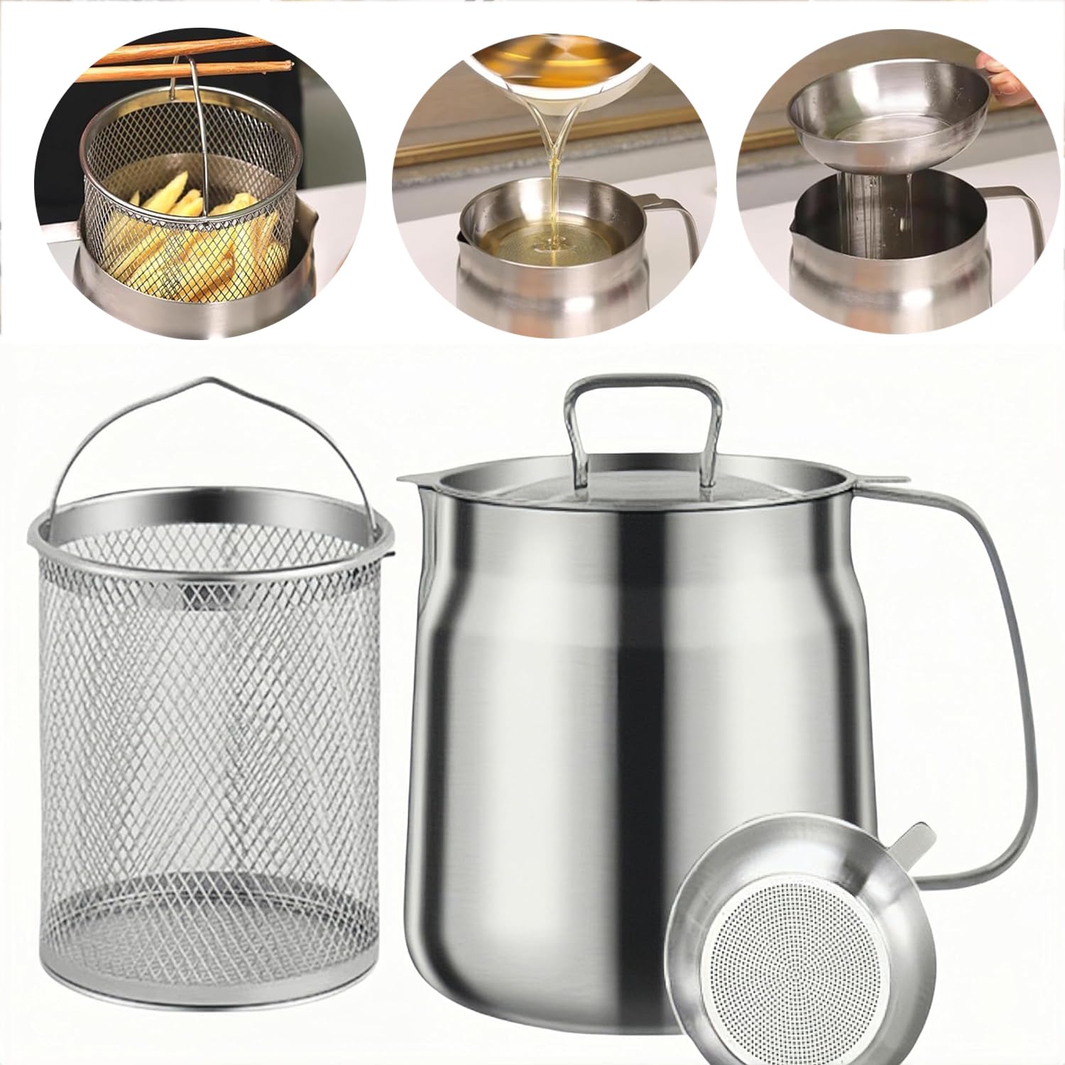 Pot De Filtre à Huile 2L En Acier Inoxydable Avec Panier à Frire - Récipient Polyvalent Cuisine