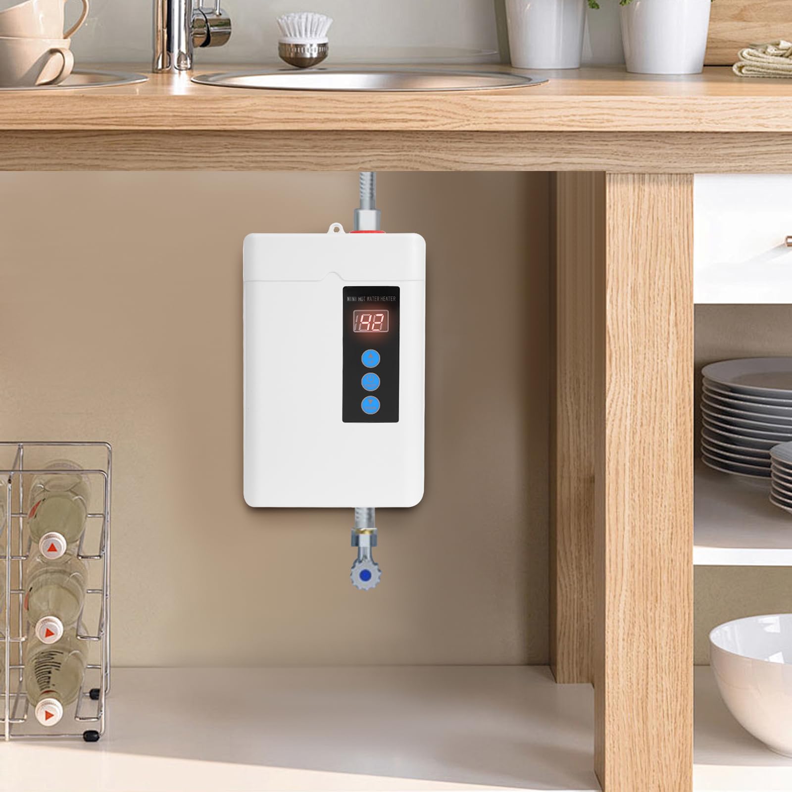 Elektrischer Durchlauferhitzer Mini Elektrischer Wassererhitzer Küche, Handwaschbecken Warmwasserbereiter mit LED Temperaturanzeige, Wandbefestigung, Tanklose, Fernsteuerung Weiß