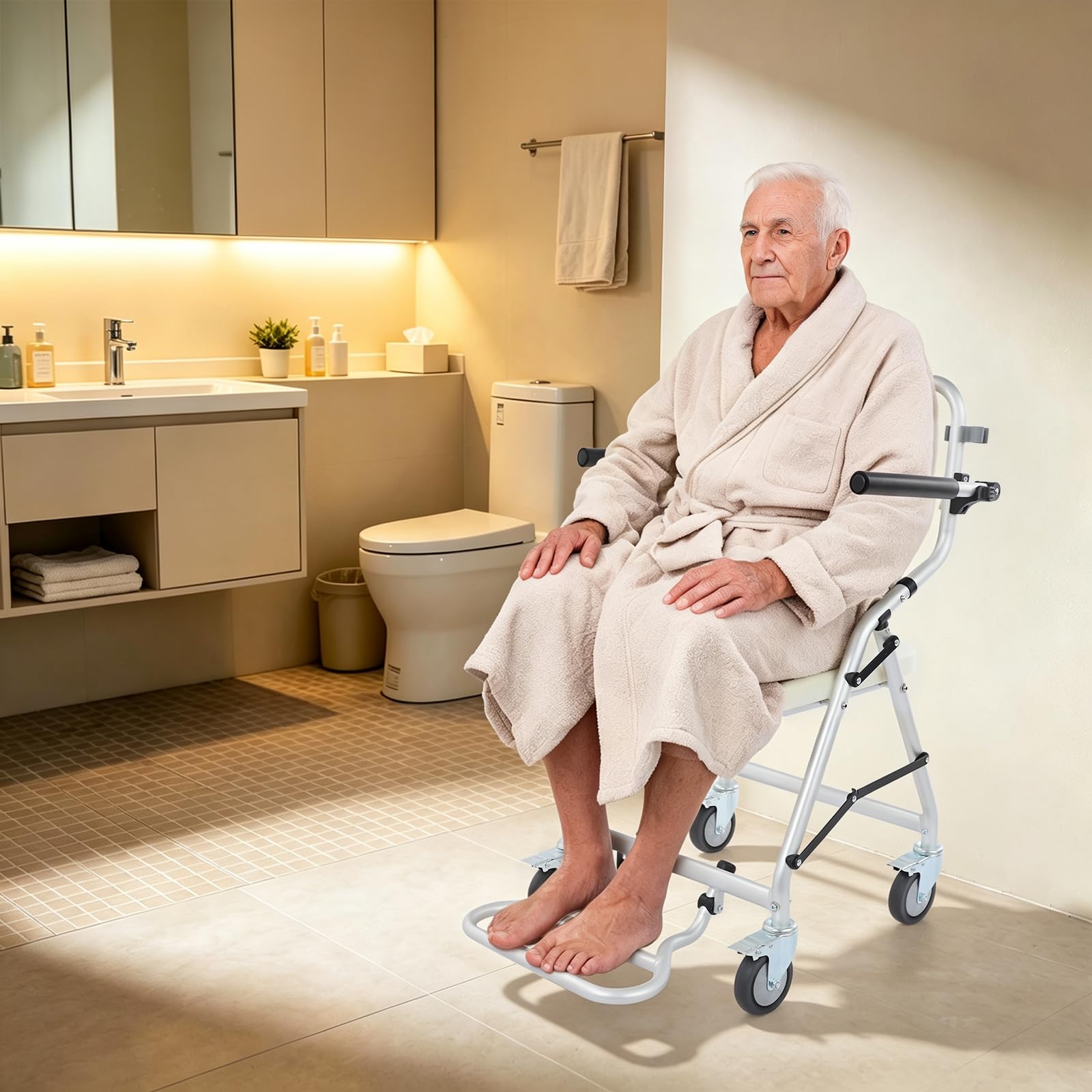 Silla de ducha plegable con ruedas de freno, silla de ducha 3 en 1