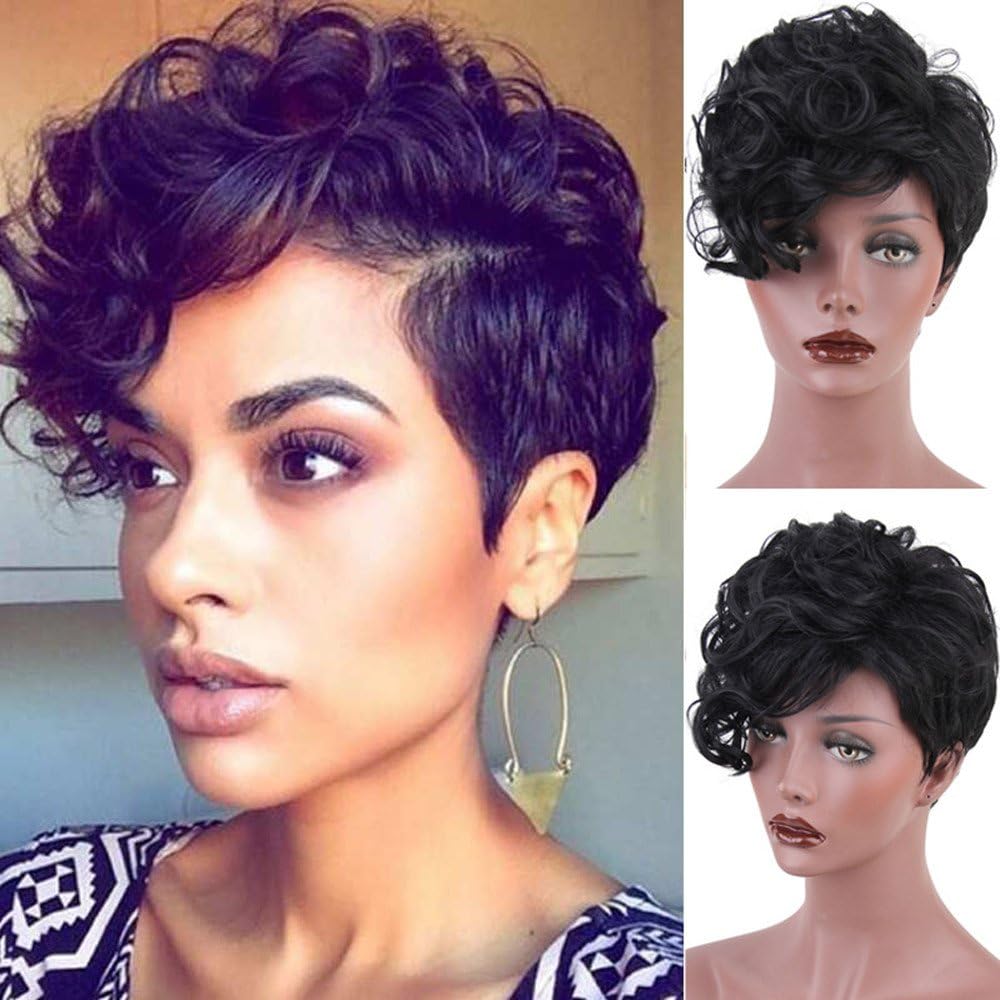 Short Wigs for Black Women Afro Kinky Curly Wigs Black with Side Bangs Synthetic Wig Z086