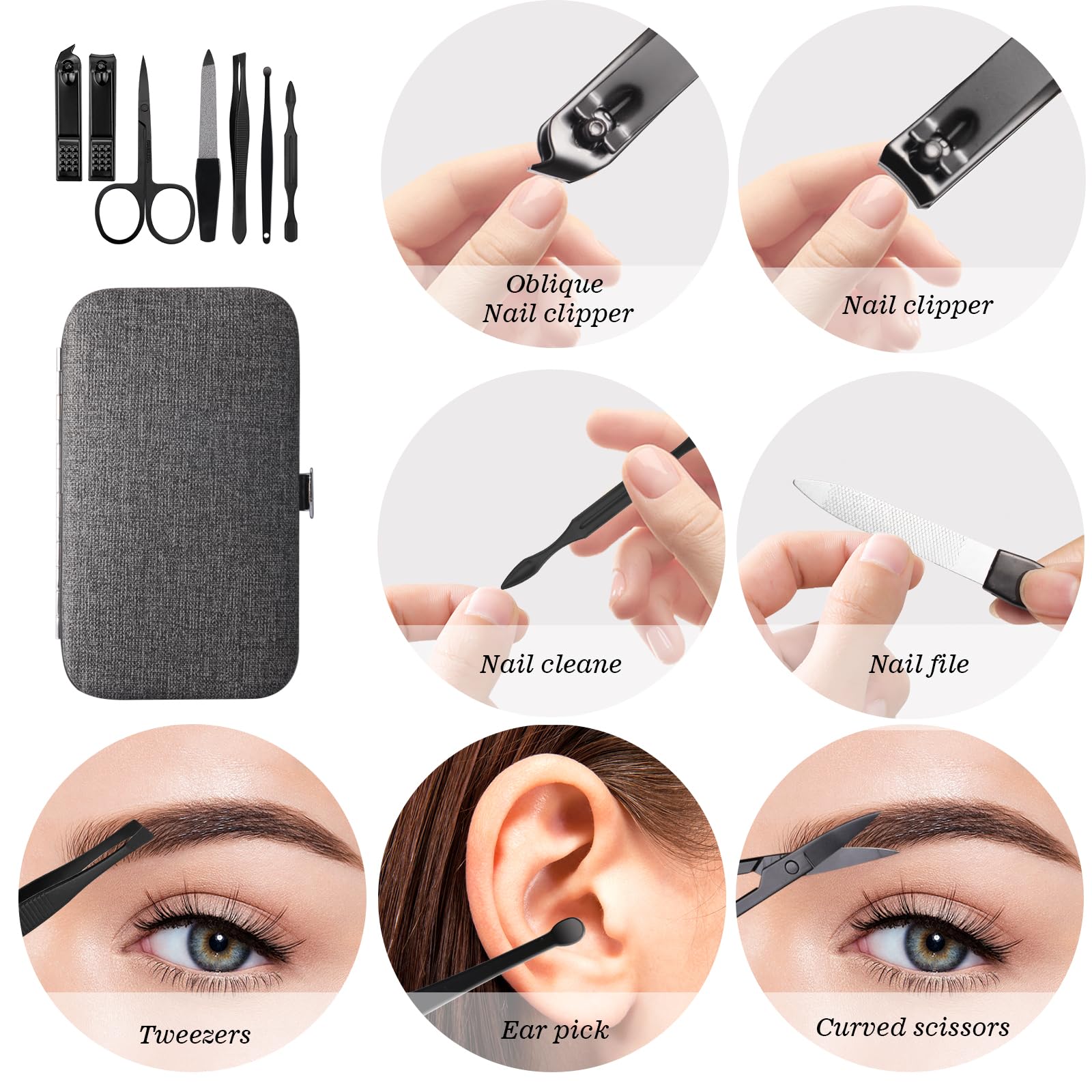 Juego de manicura y pedicura para el cuidado personal, kit de 7 piezas de manicura y pedicura, kit de cuidado de uñas para hombres, adecuado para viajes (gris) regalo para hombres, marido,