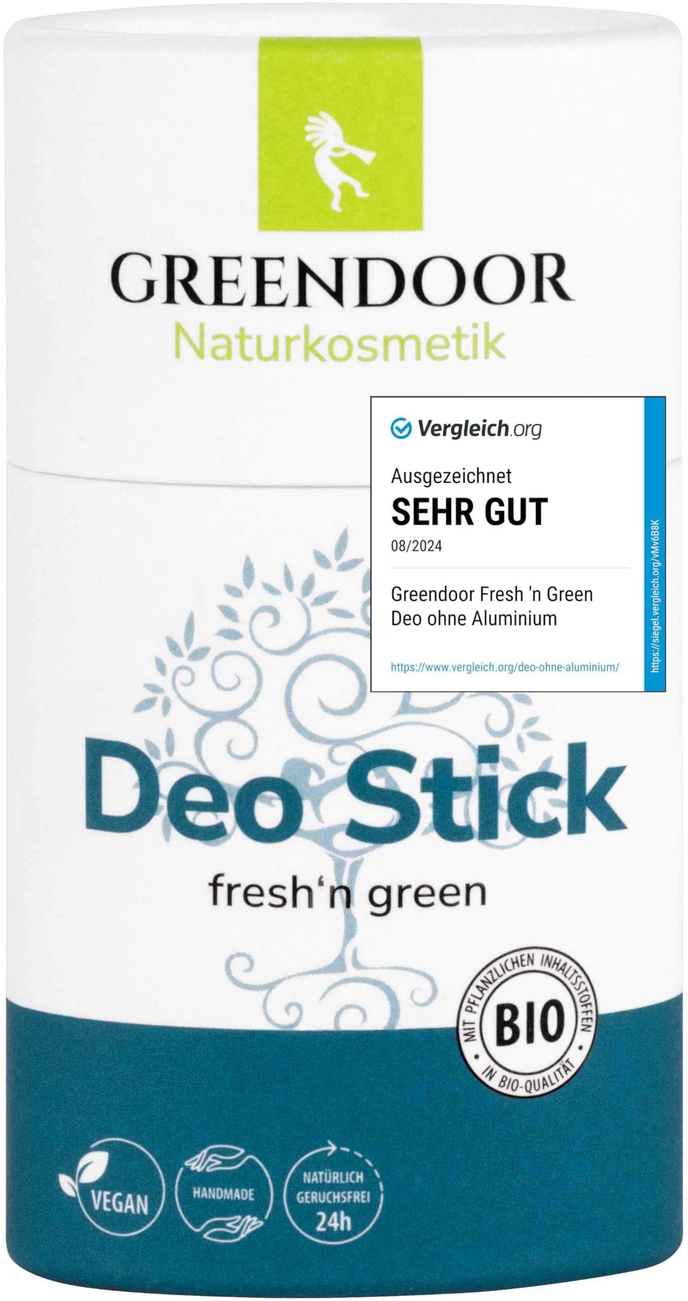 GREENDOOR Deo Stick fresh'n green 50g, festes Deodorant, frischer Duft, ohne Aluminium für lange sichere Wirkung gegen Schweißgeruch, unisex Herren Frauen Deostift, vegan Naturkosmetik mit Papierhülse