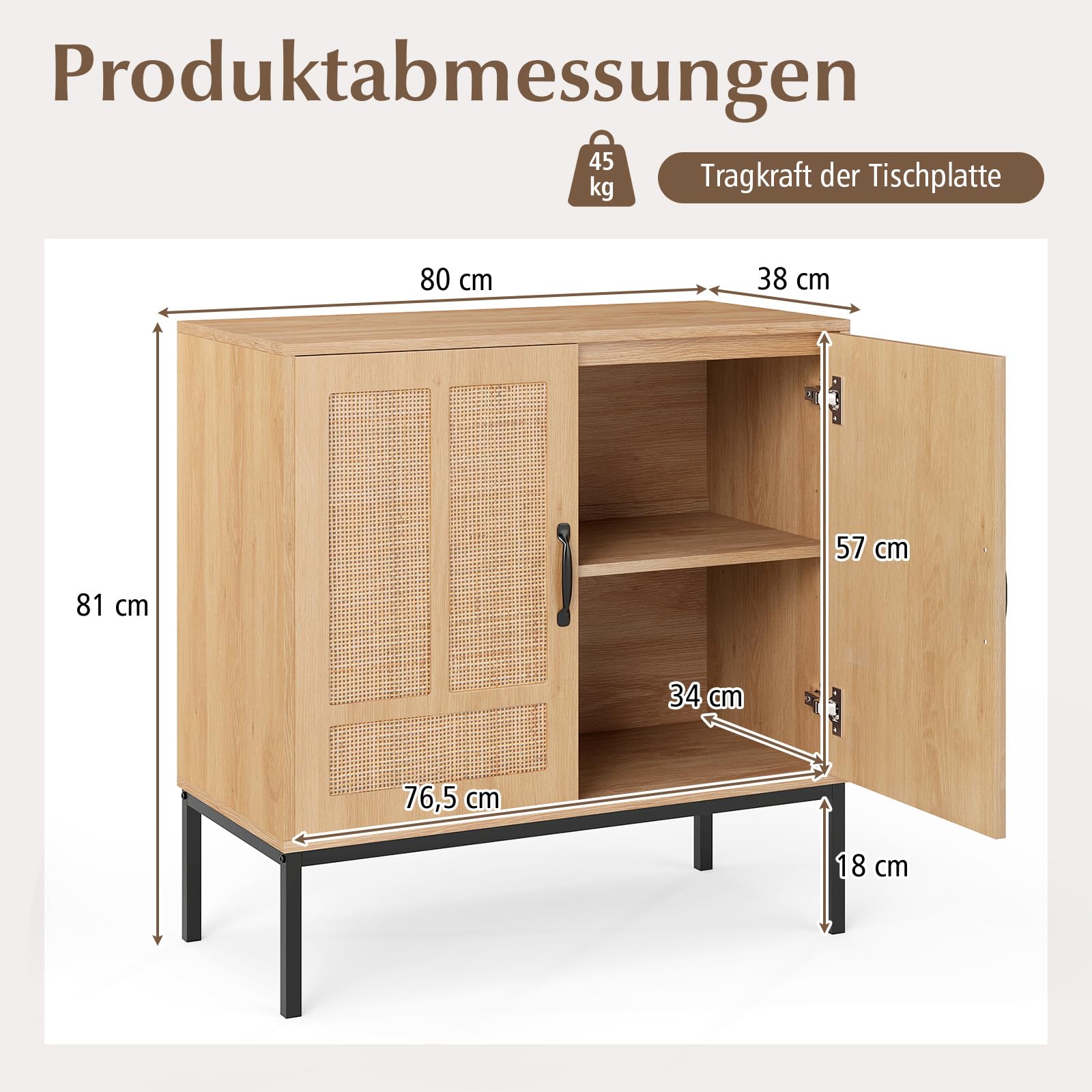 COSTWAY Kredens z 2 drzwiami rattanowymi, szafka kuchenna w stylu boho z drewna, szafka bufetowa z 3-stopniową regulacją półki i metalowymi nogami, komoda do kuchni, jadalni, salonu, 80 x 38 x 81 cm