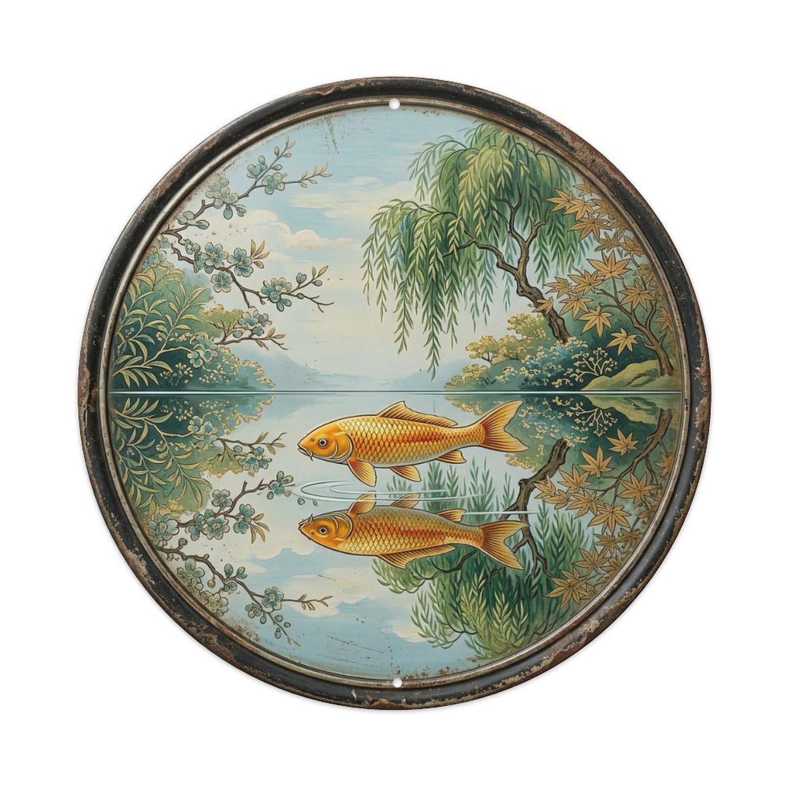 Reflection Mirror Still Koi Fish Metal Tin Sign Plaque Wall Decor for Cafe, Club, Garden Round Metal Poster 8x8Inch