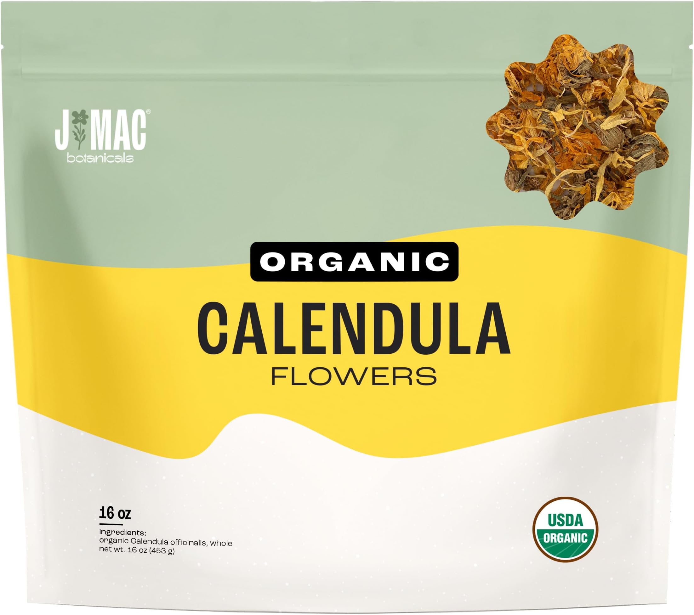 J Mac Botanicals, Organic Calendula Flower (16 ounce), whole dried flowers and petals, loose leaf tea, marigold flower, USDA Certified Organic. Great for loose leaf teas, cocktail bombs, salve