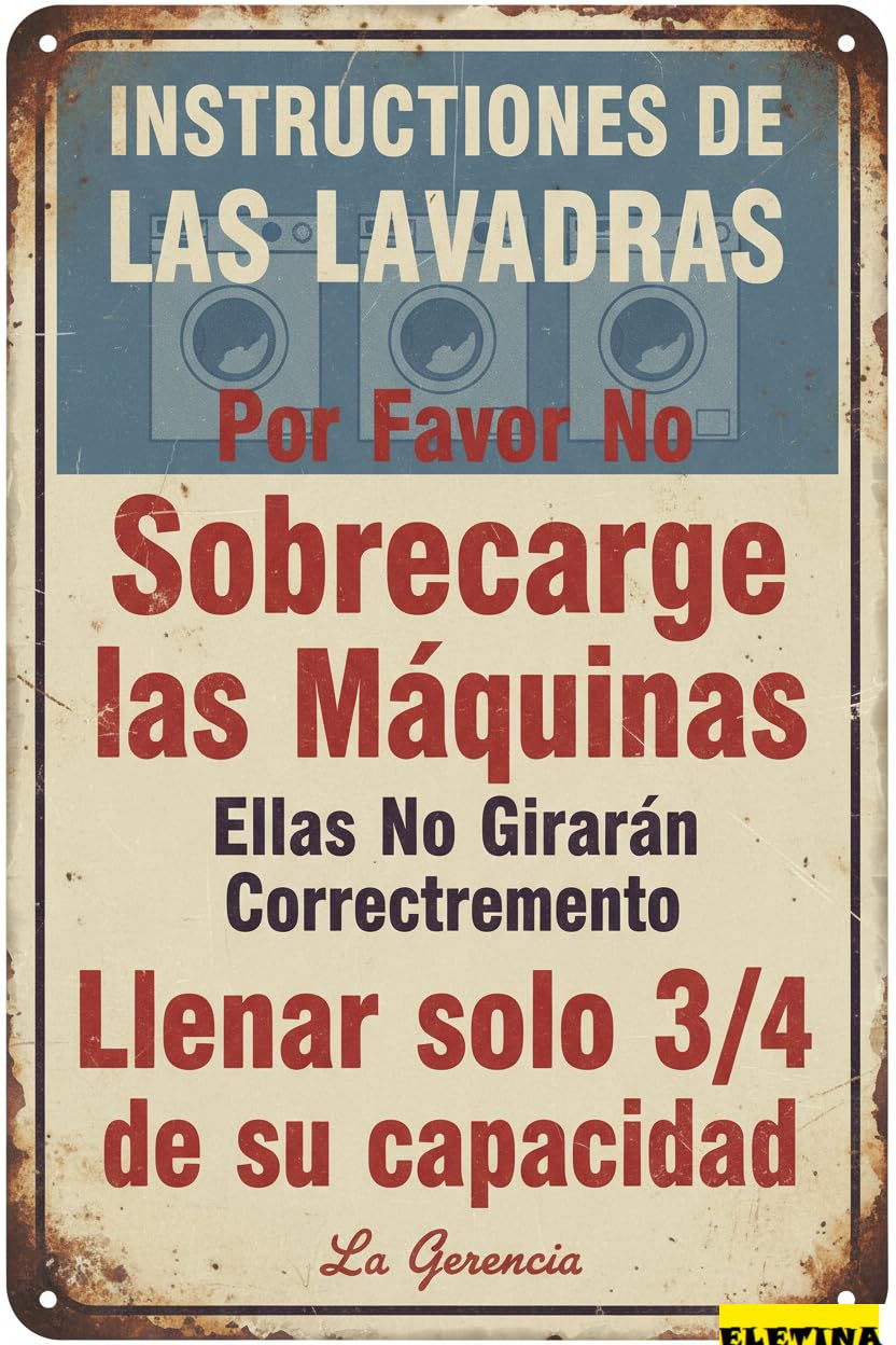 Vintage Metal Tin Sign for Man Cave Spanish Washing Machine Instructions Do Not Overload 8x12 Inches Private Property Decorative
