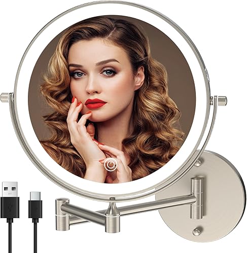 Espejo de tocador de maquillaje iluminado para montaje en la pared, recargable de 8 pulgadas, doble cara, 1 espejo de baño con aumento 10X,