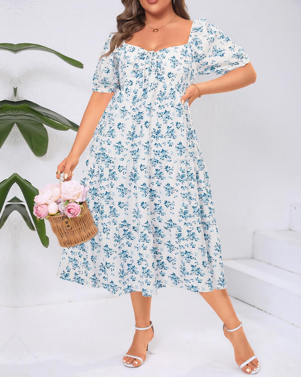 Plus Size Summer Dresses - Sweetheart Neck Drawstring Puff Sleeve Casual Wedding Guest Tiered Aline Flowy Midi Dress - Image 3