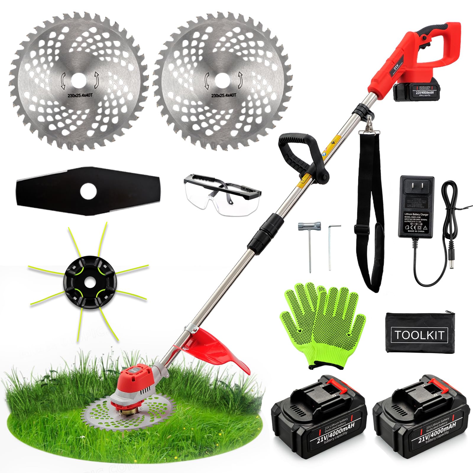Weed Wacker Brushless, Electric Weed Eater, 21V 2 Pcs 4.0A Battery Powered, 3-in-1 String Trimmer, Cordless Brush Cutter, Lightweight Grass Trimmer with Blade, Edger Lawn Tool for Trimming & Edging