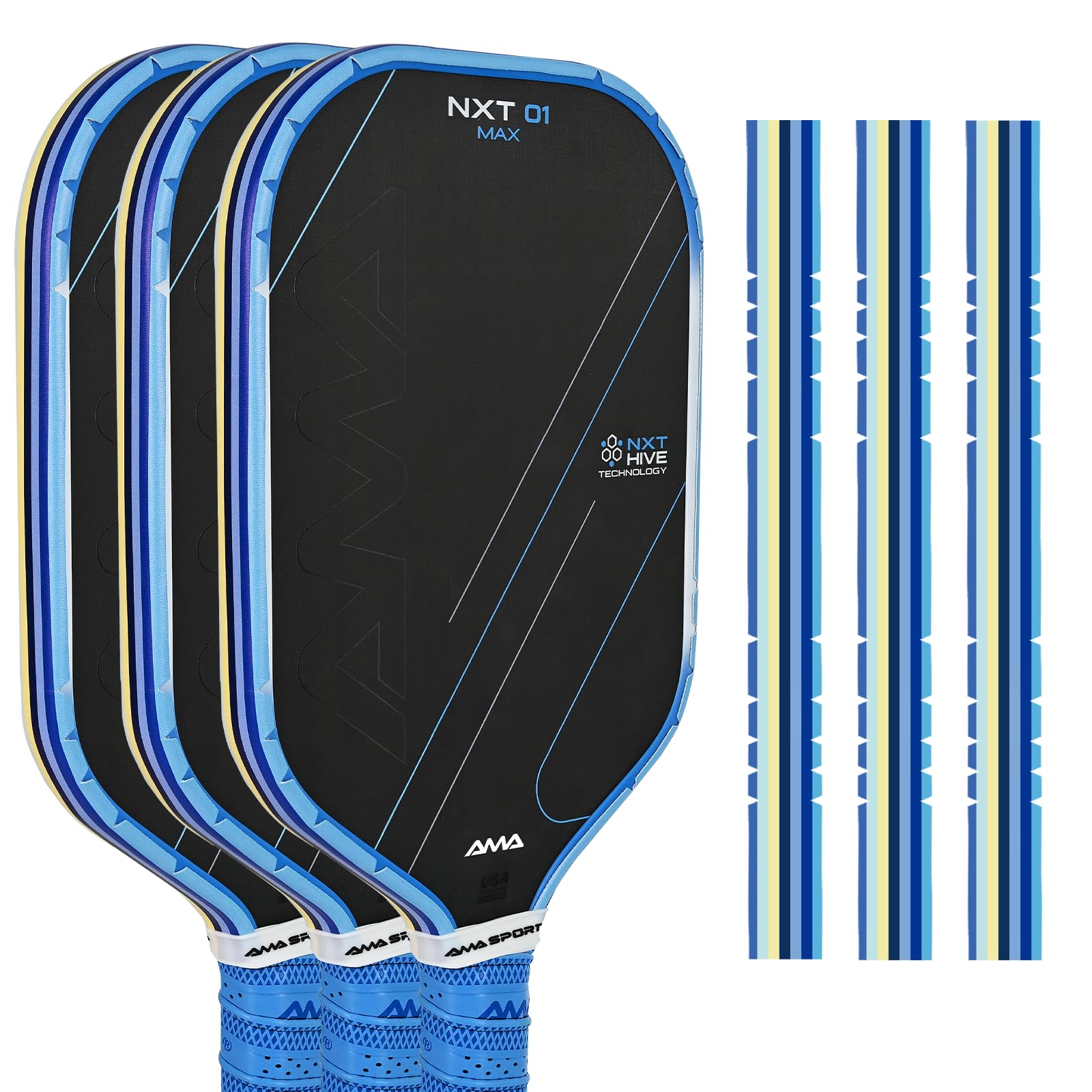 AMA SPORT Pickleball Paddle Edge Guard Tape with Stripes 3 Pack Edge Protection Tapes 26mm Width Paddle Edge Cover Perfectly Fits Curved Edge Without Wrinkling (Stripes Blue)