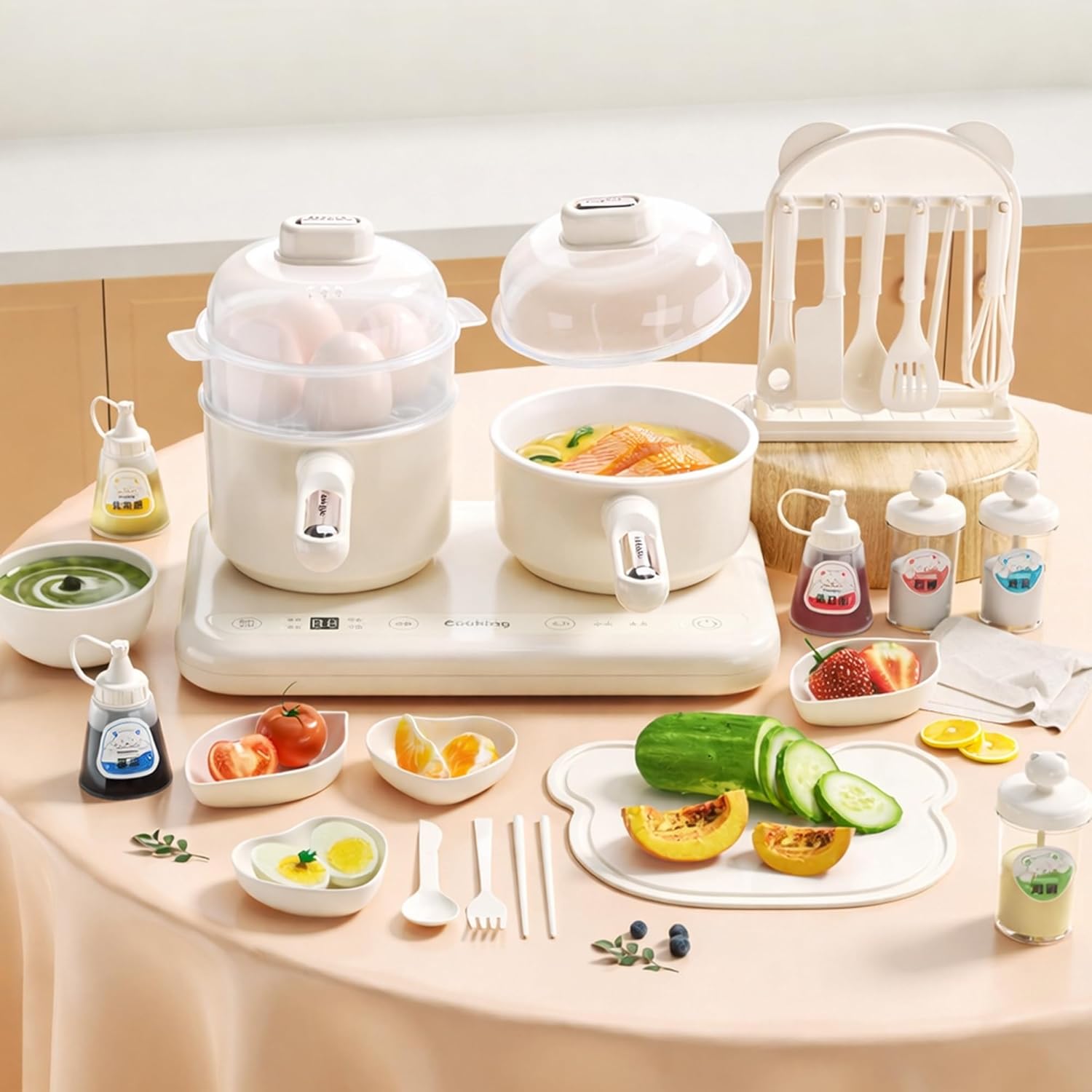 Kids Cooking Sets Real Electric Dual Stove - Montessori Real Cooking Set with Mini Kitchen Tools (Light Beige)