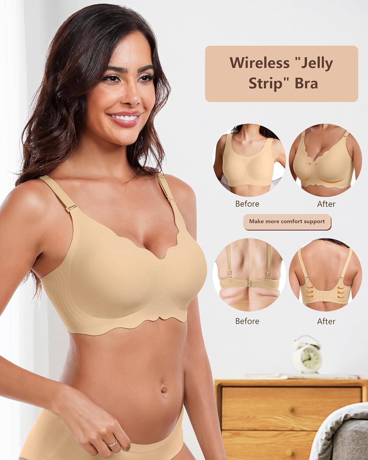 HORISUN Wireless Seamless Bras for Women No Underwire Wavy V Neck Soft Support Full Coverage Comfortable Bra - Image 2